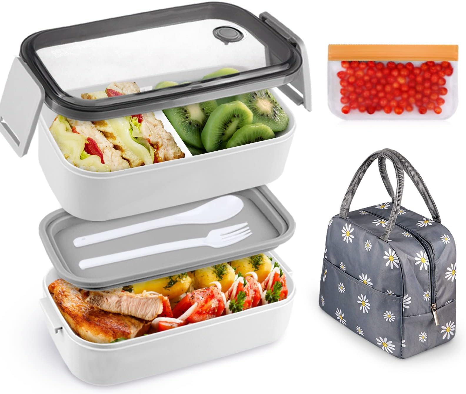 NatraProw Bento Box For Adult, Leakproof Adult Lunch Box Kit With Detachable Divider, Lunch Bag, Snack Bag, Stackable Adult Microwave Safe Bento Box Lunch Container(White)