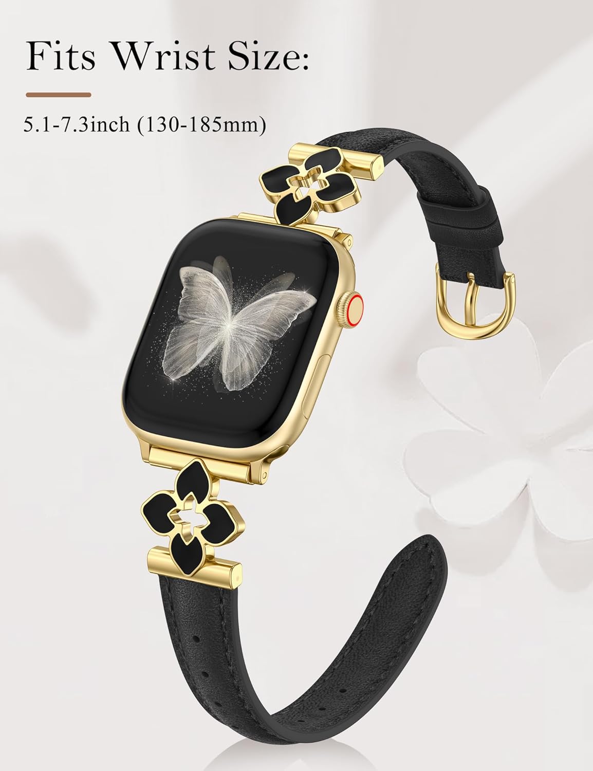 Minyee Compatible with Apple Watch Band 42/41/40/38/44/45/46/49mm Women, Slim Dressy Chic Premium Soft Leather Strap with Bling Dainty Flower Charm for iWatch Series 11 10 9 8 7 6 5 4 Ultra/SE 3 2 1 - Image 4