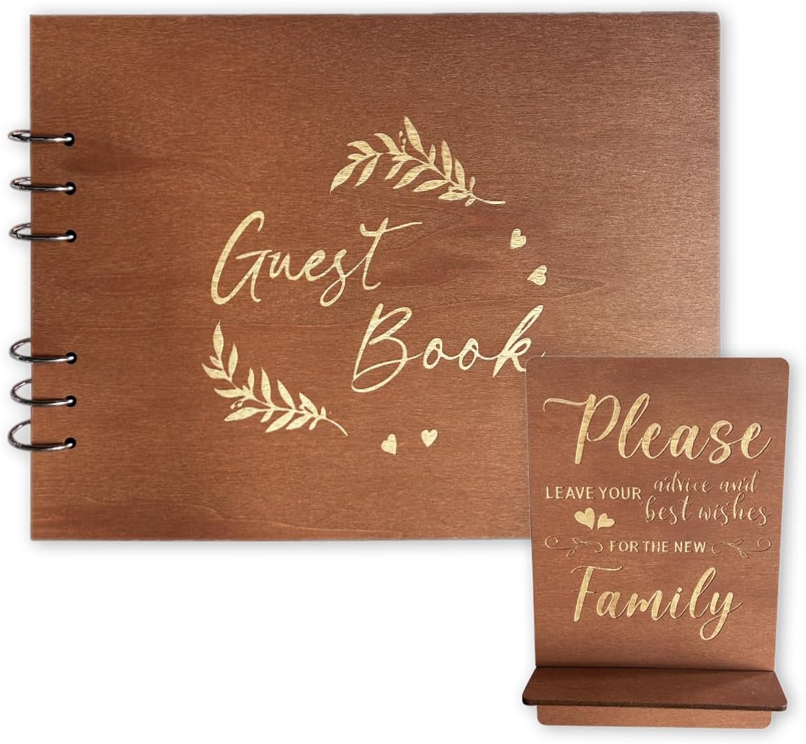 Wooden Wedding Guest Book with Table Reception Sign, 100