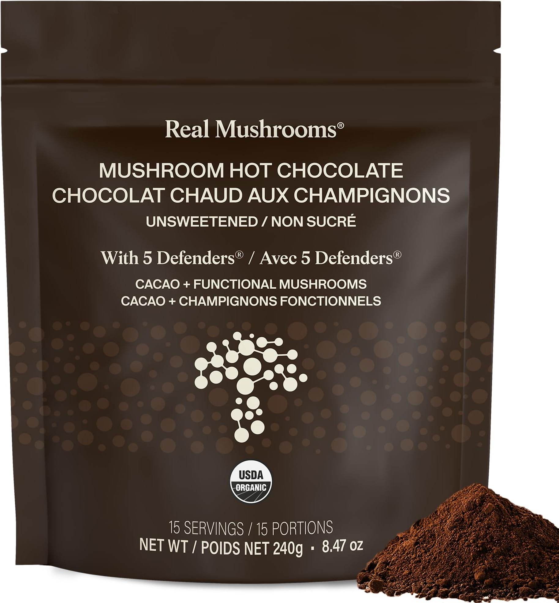 Real Mushrooms Unsweetened Hot Chocolate Mix with 5 Defenders – Reishi, Chaga, Turkey Tail, Maitake, Shiitake – Coco Powdered Unsweetened – Organic Cacao Powder Supplement, Vegan, 15 Servings