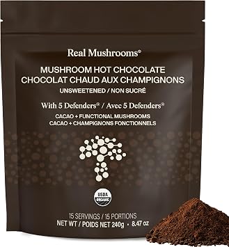 Real Mushrooms Unsweetened Hot Chocolate Mix with 5 Defenders Reishi, Chaga, Turkey Tail, Maitake, Shiitake Coco Powdered Unsweetened Organic Cacao Powder Supplement, Vegan, 15 Servings