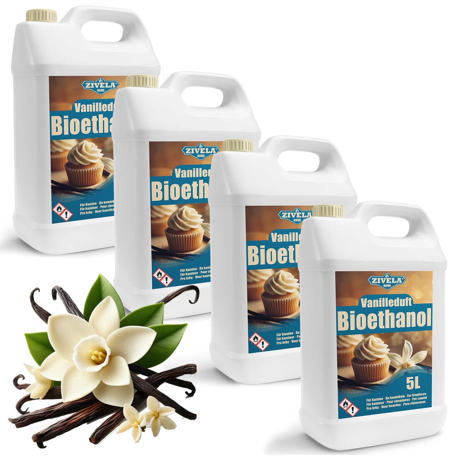 Bioethanol 96,6% 20L | Bio Alkohol Vanilleduft 96,6% 4x5L | Bioethanol für Kamin, Tischkamin, Bioethanol Kamin | Bioethanol Vanilleduft | Saubere Verbrennung, ohne Rauch, lebendige und stabile Flamme