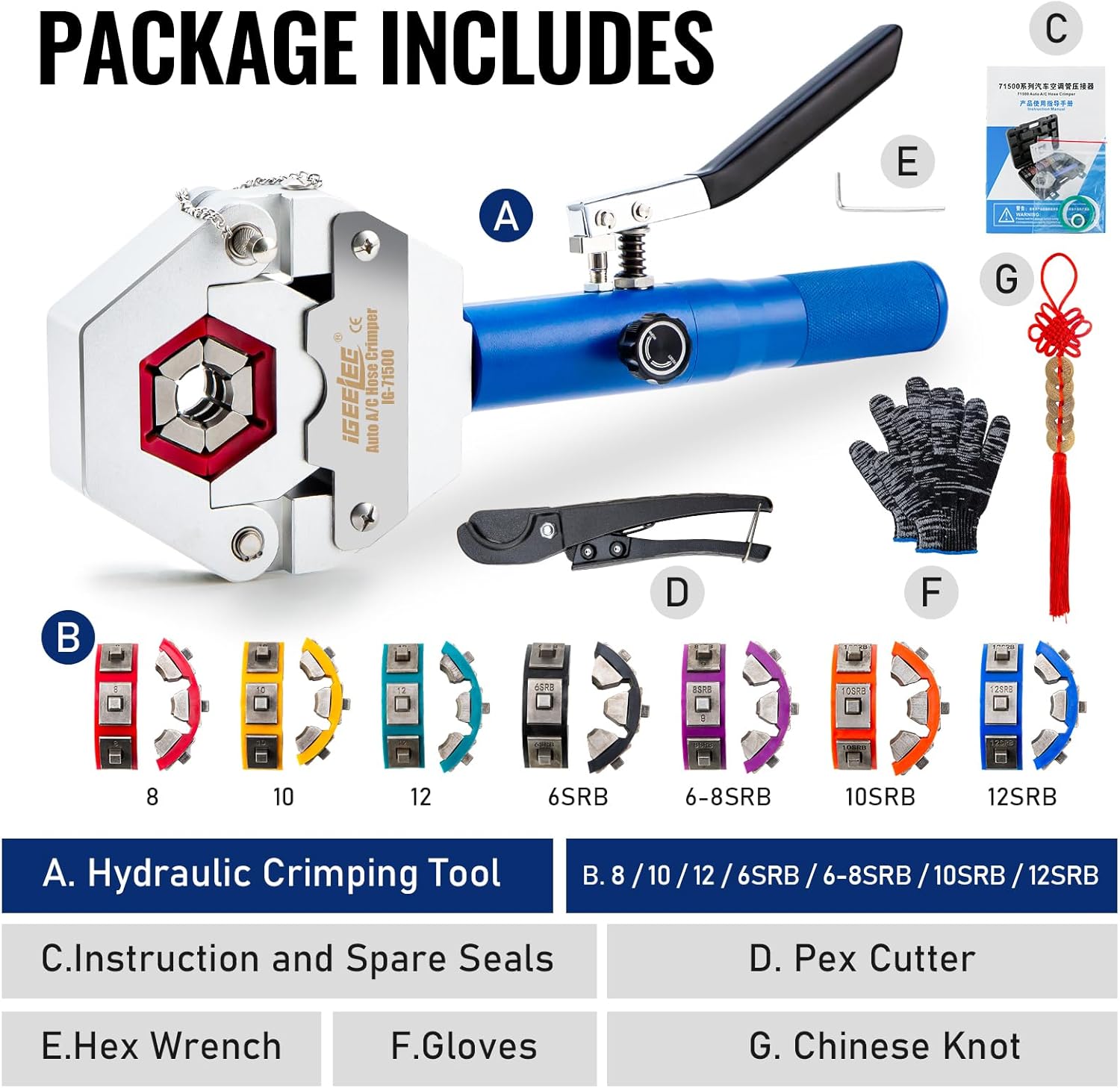 Hydraulic Hose Crimper AC Crimping Tool for Barbed & Beaded Hose Fittings | 7 Die Set for Air Conditioning Repair | IG-71500