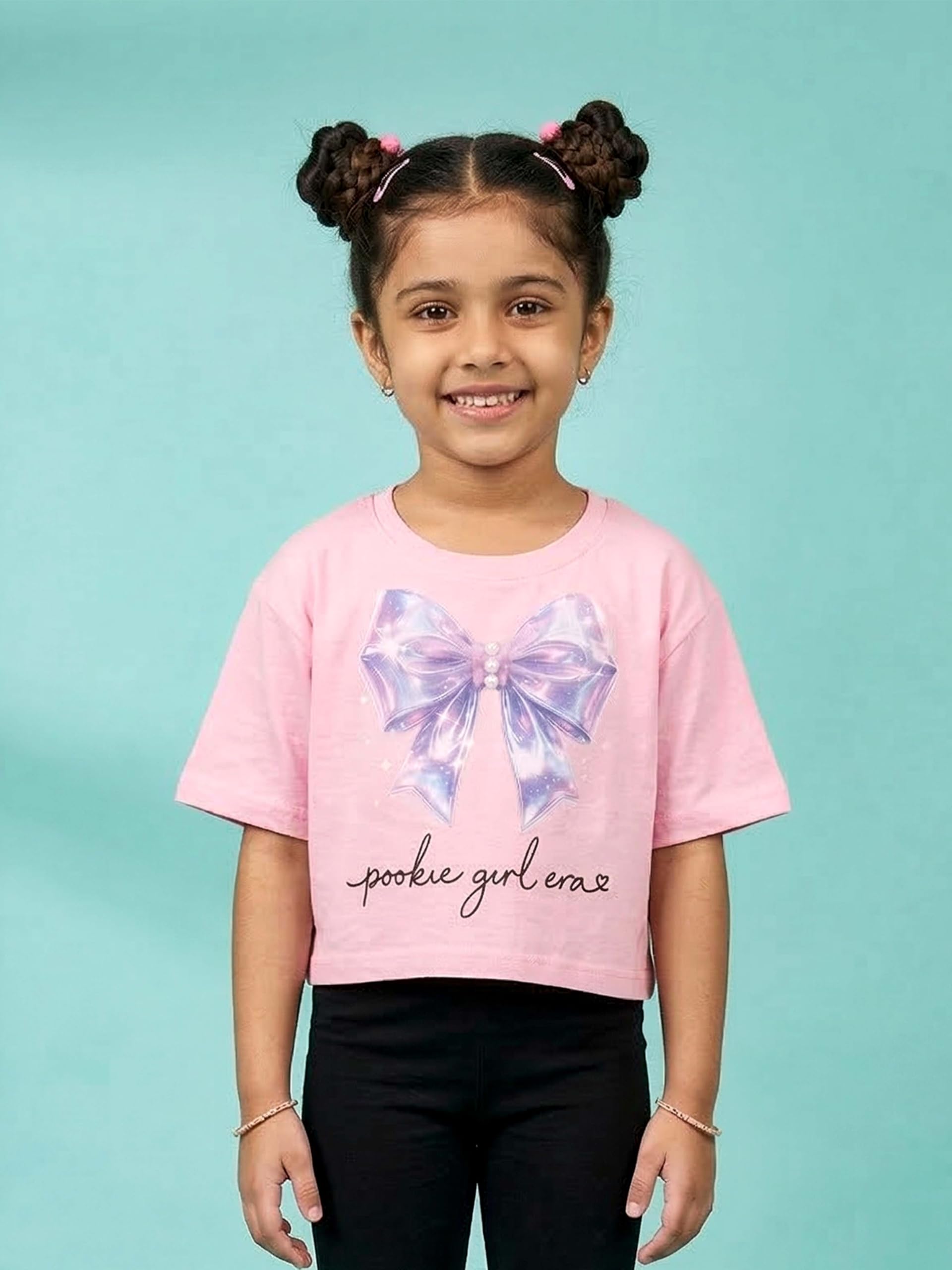 KiddoPanti Girls Cotton Bow Graphic Printed Drop Shoulder Tshirt, Baby Pink Bow - 4-6Y 1