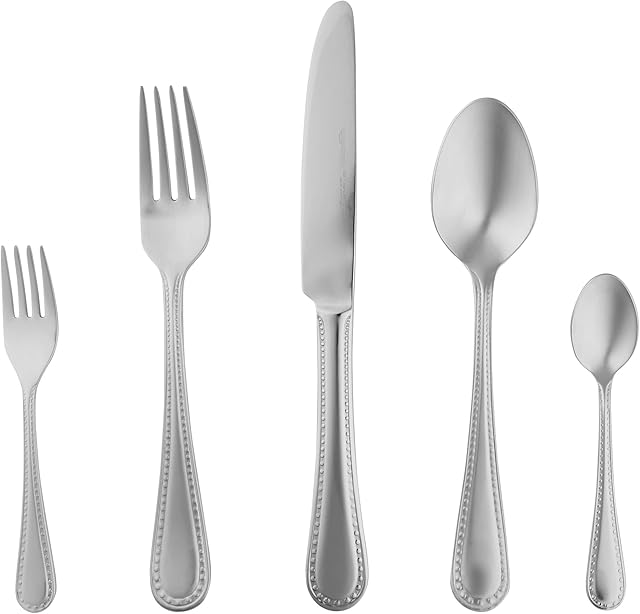 Amazon Basics 20-Piece Stainless Steel Flatware Set with Pearled Edge, Service for 4