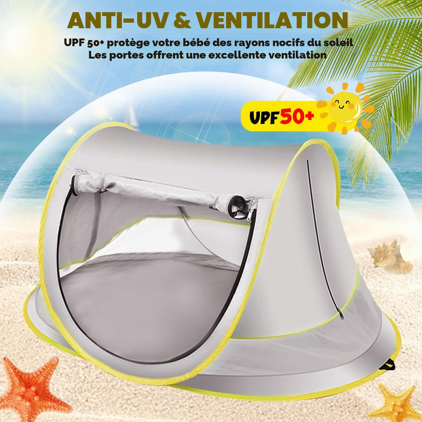 Tente Pop-Up de plage, pare-soleil portable, protection UV UPF 50, pour piscine avec moustiquaire, voyage (gris, Max)
