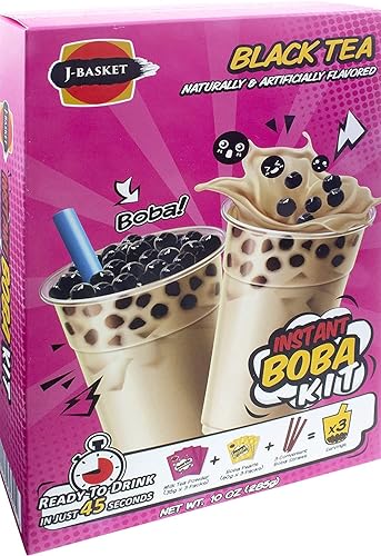 Miniatura 2 de J-Basket - Kit Boba de té de leche con perlas de burbujas con auténtica tapioca Boba popotes incluidos 10 onzas paquete de 3 Té negro paquete de 3