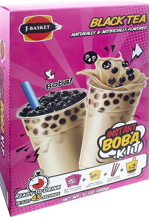 J-Basket Boba Kit, Bubble Pearl Milk Tea with Authentic Tapioca Boba, Straws Included,10 Oz (Pack of 3) (Black Tea (Pack of 3))