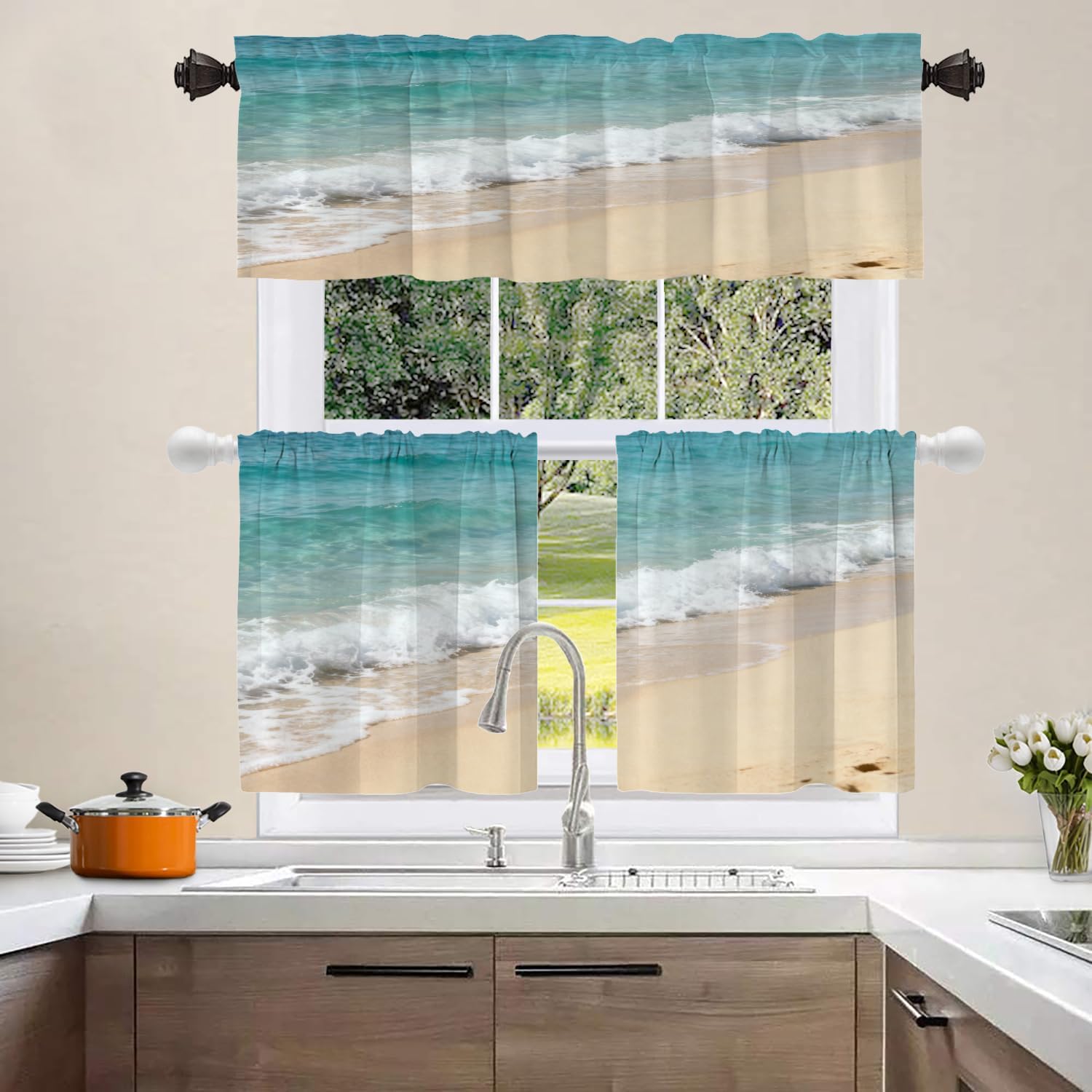 Shrahala Blue Ocean Beach Sea Kitchen Valances, Australian Shore Wave Tropical Sand Sky Half Window Curtain Window Treatment Multilayer Polyester Blackout for Living Room Bathroom 2 Pack 52 x 18 in