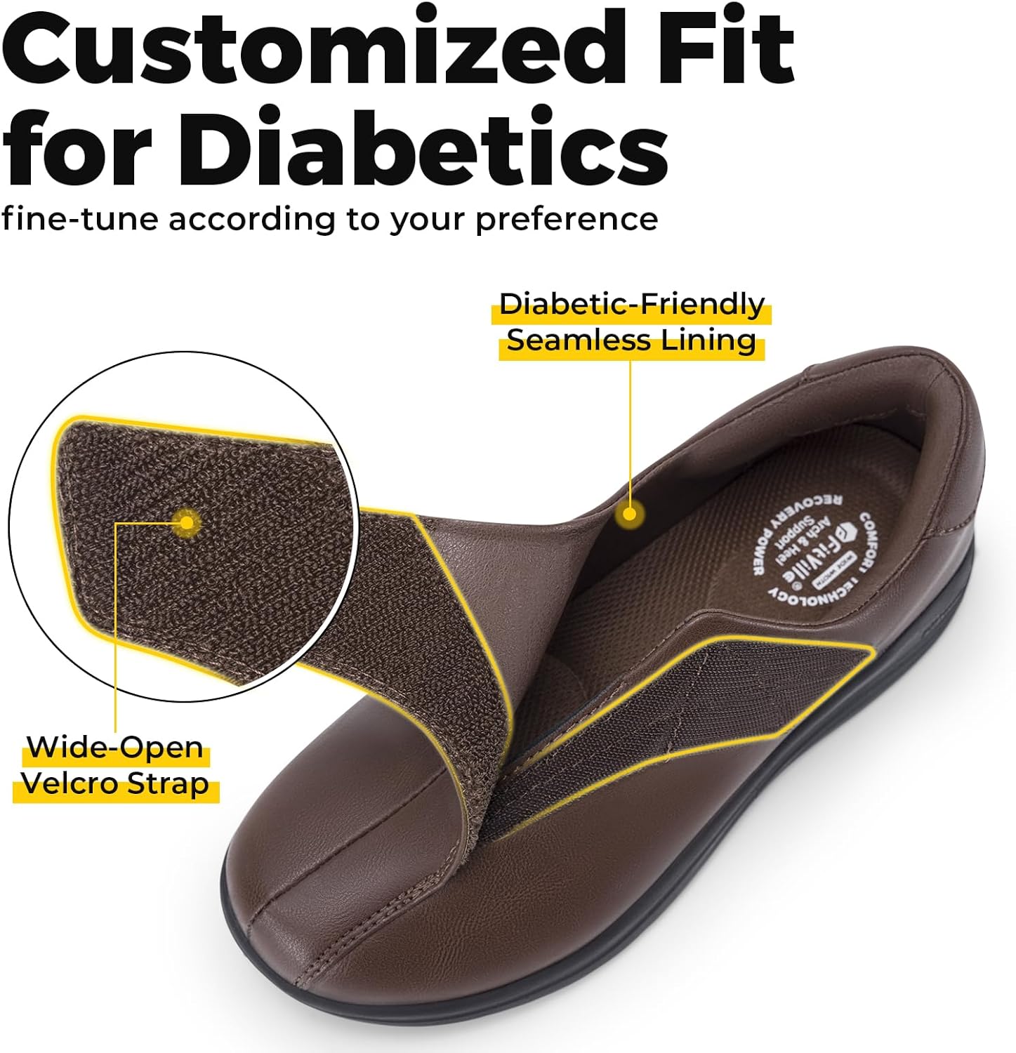 FitVille Diabetic Shoes for Women Wide Slip On Classic Oxford Shoes Business Formal Dress Shoes PU Leather Loafers Sneakers - Image 3