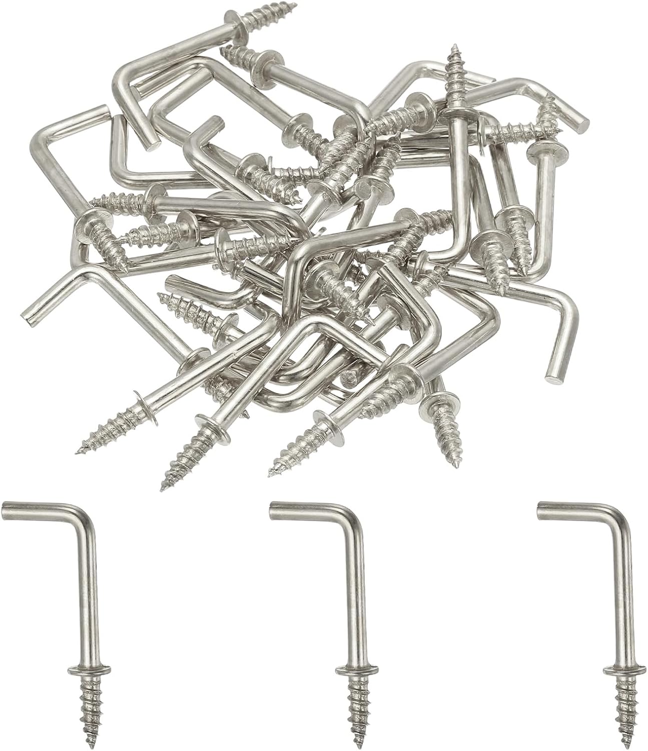 L-Shape Screw Hooks Brass Plated Steel 7 Shape Right Angle Medal Hooks, 7/8 Inch Fit for Hanging Home Workplace Office (30 Pcs, Silver)