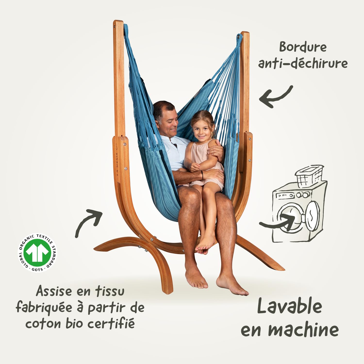 LA SIESTA Udine Organic Outdoor Hammock Chair and Stand (W 115 cm) (Blue Zebra)