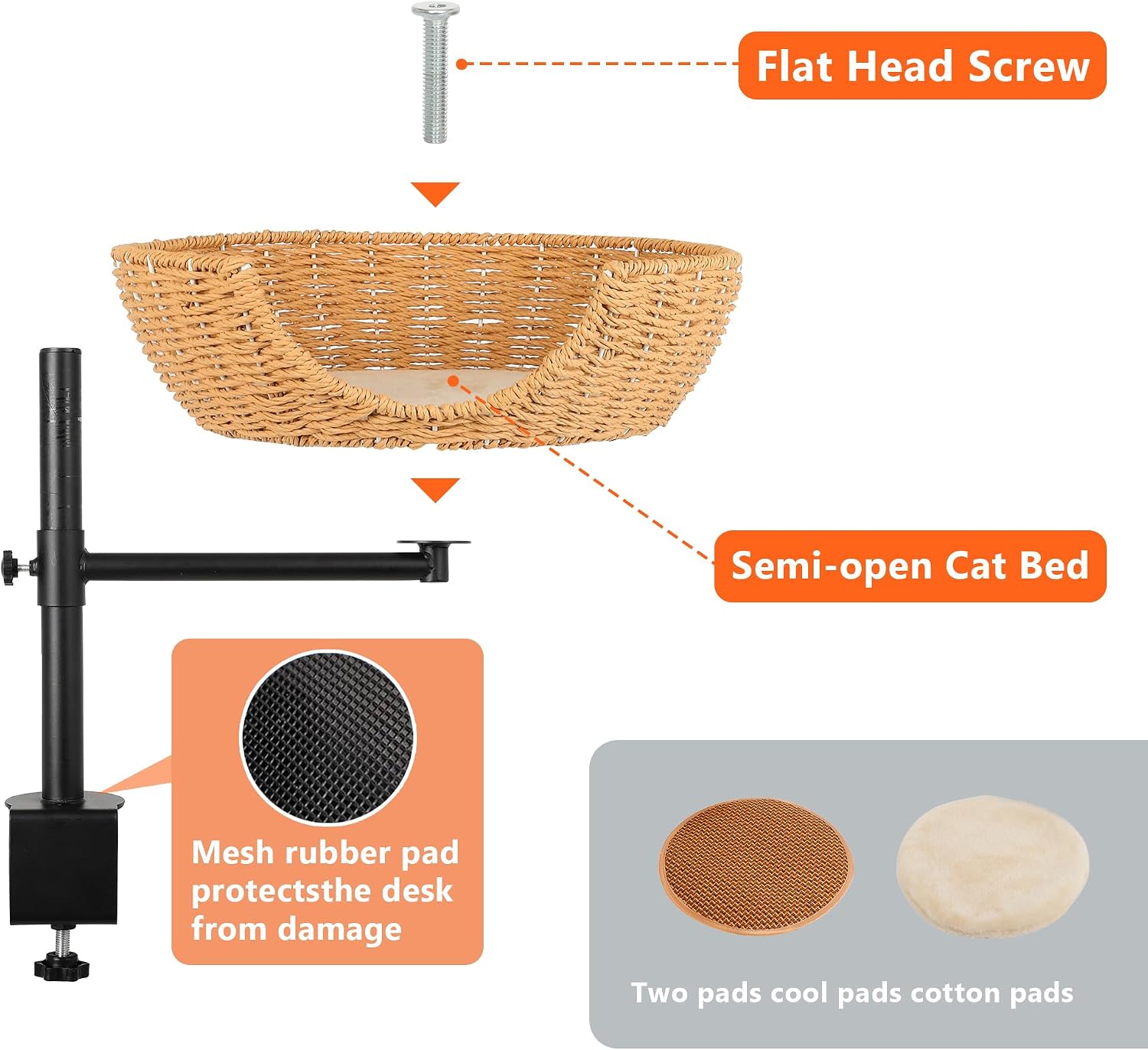 Dollate Cat Desk Bed,Paper Rope Material,Height Adjustable and 360°Rotating,Suitable for Cats up to 45 pounds,Cat Furniture for Office Desks,Game Tables