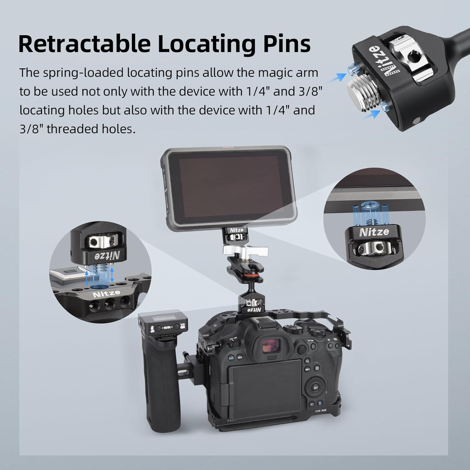 Nitze Camera Magic Arm with Double Ballheads (1/4" to 3/8" Screw with Retractable Locating Pins), Articulating Magic Arm Camera Mount Aluminum Alloy - N50-G2