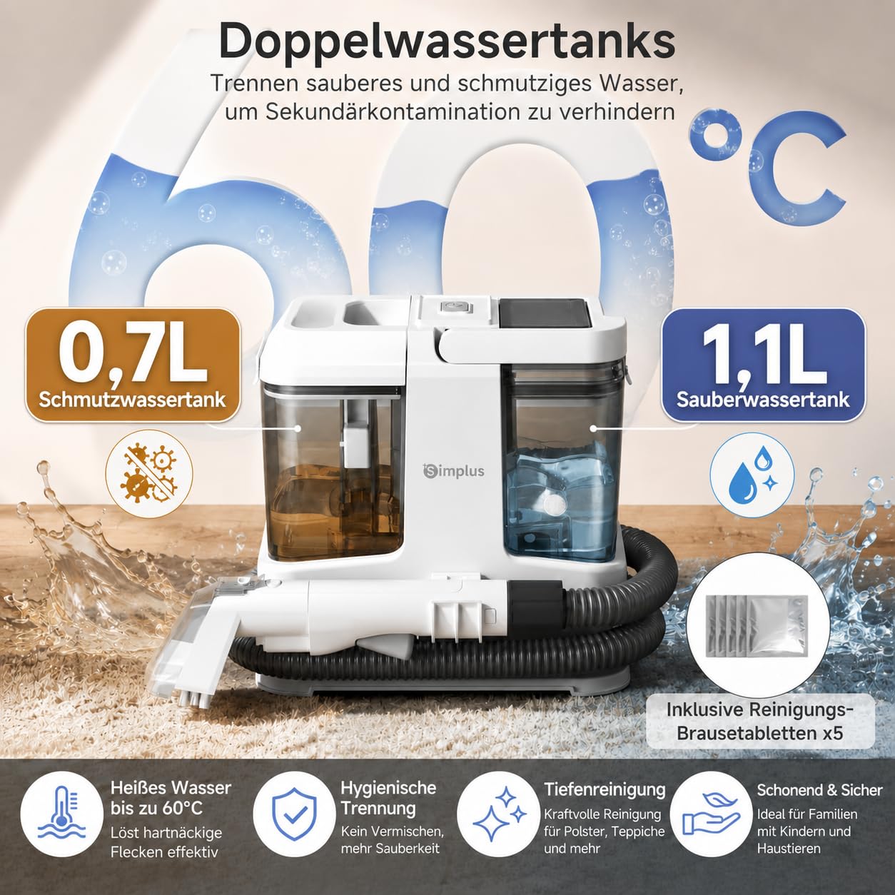 SIMPLUS Polsterreiniger Gerät 12000Pa, kompakter Waschsauger mit 2-Tank-System, Sprüh- & Saugfunktion, Nasssauger für punktuelle Fleckenreinigung auf Sofa, Polster, Teppich & Auto, 2,5 kg, 2 Bürsten