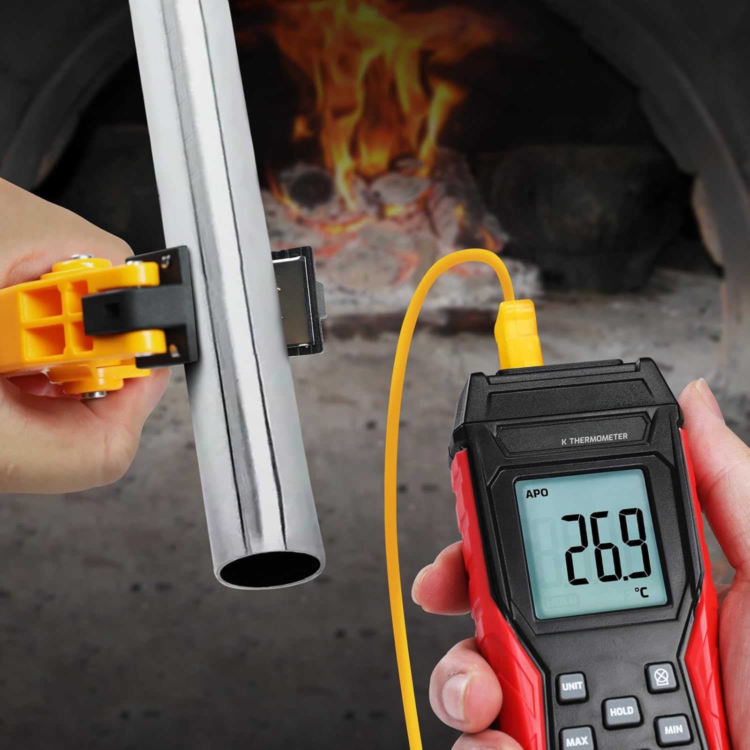 Digital Type K Thermocouple Thermometer HVAC Temperature Clamp Meter, -328°F~2501°F Range Single Channel K-Type Temperature Meter Gauge with Thermocouples & Lead Probe Pipe Clamp Measures -40°F~392°F