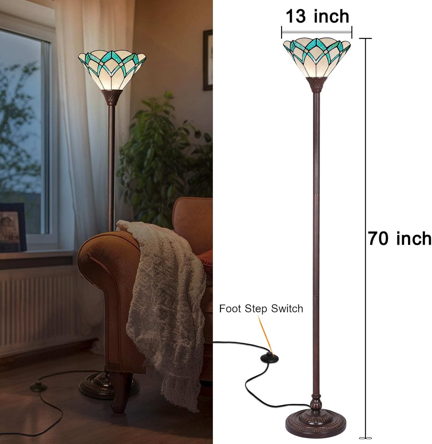Capulina Tiffany Lamp Stained Glass Torchiere Floor Lamp 70 Inches Tall Dark Bronze Pole Green Romantic Tiffany Style Torch Standing Lamp for Living Room Bedroom Home Office