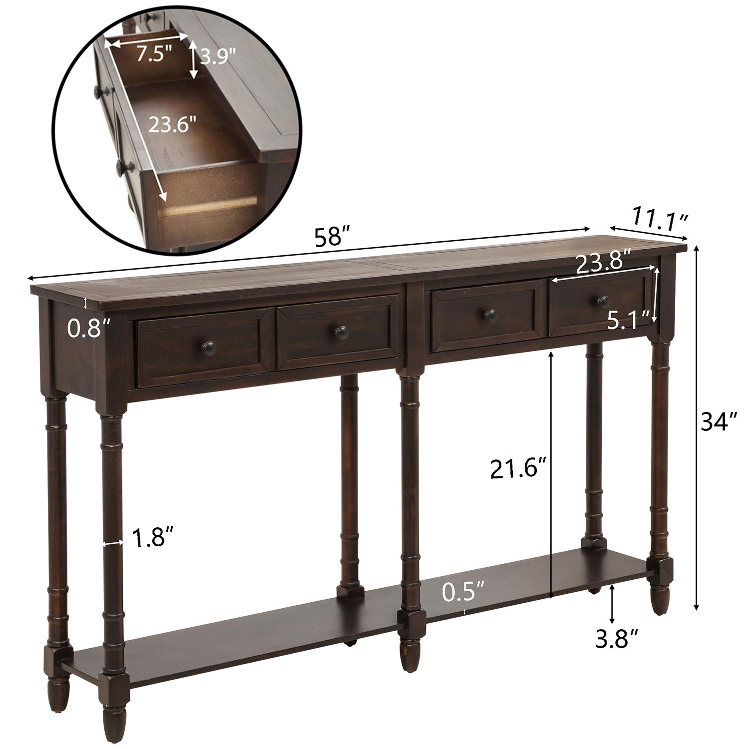 P PURLOVE Retro Console Table Sofa Table for Entryway with Drawers and Shelf Living Room Table (Espresso)