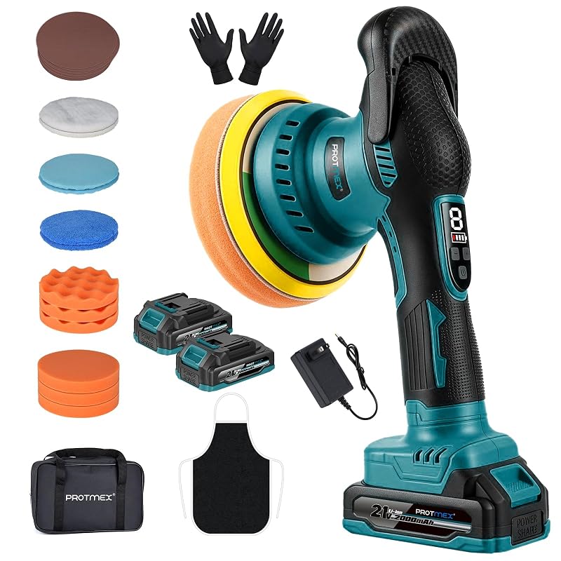 Politriz Orbital Excêntrica sem Fio Protmex 21 V com 2 Baterias de 2000 mAh, Azul-Escuro