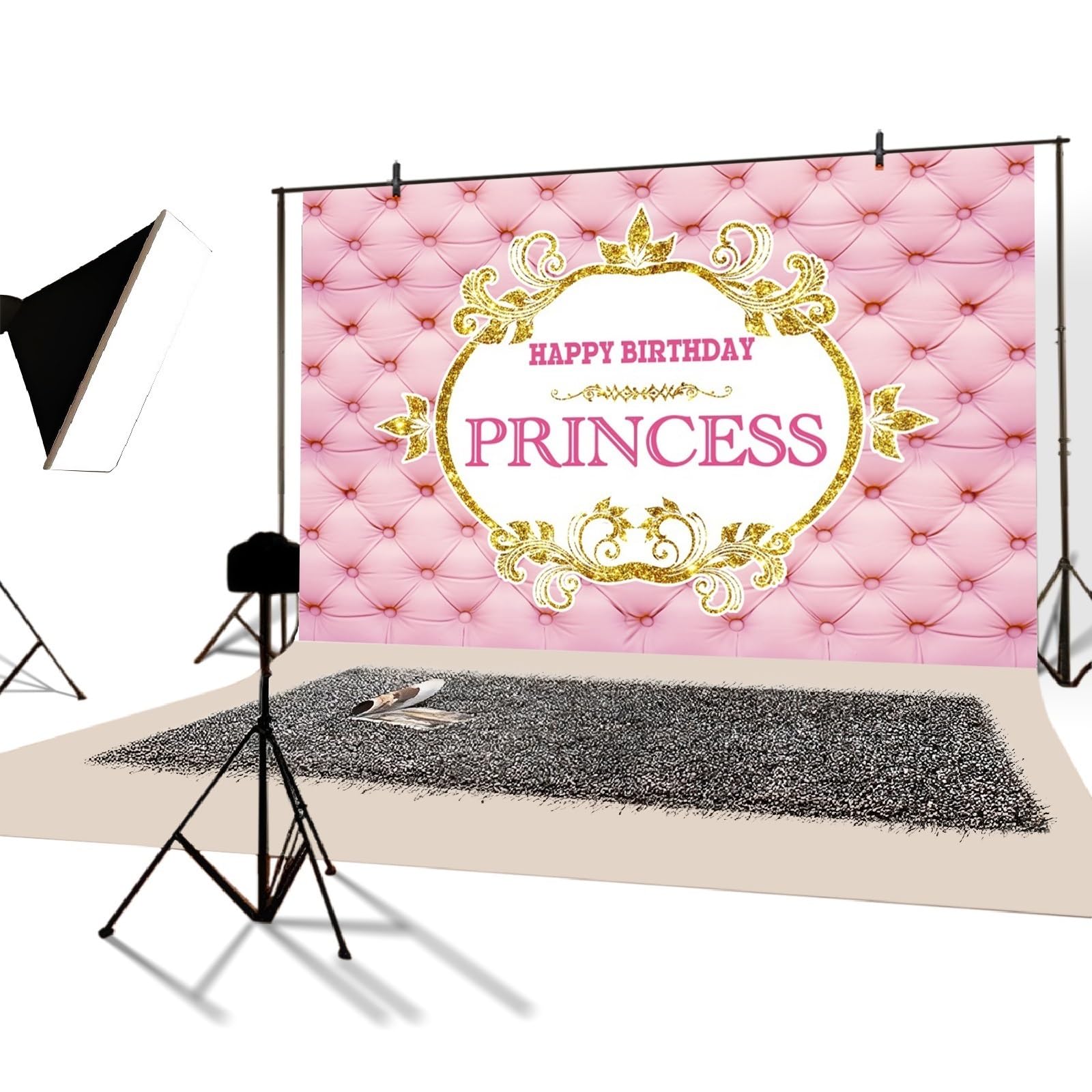YongFoto 3x2,5m Fondale Foto Testiera in pelle rosa trapuntata Golden Paillettes Ghirlanda Buon compleanno Princess Girl Sfondo Fotografico Photo Booth Compleanno Partito Banner Bambini Photo Studio