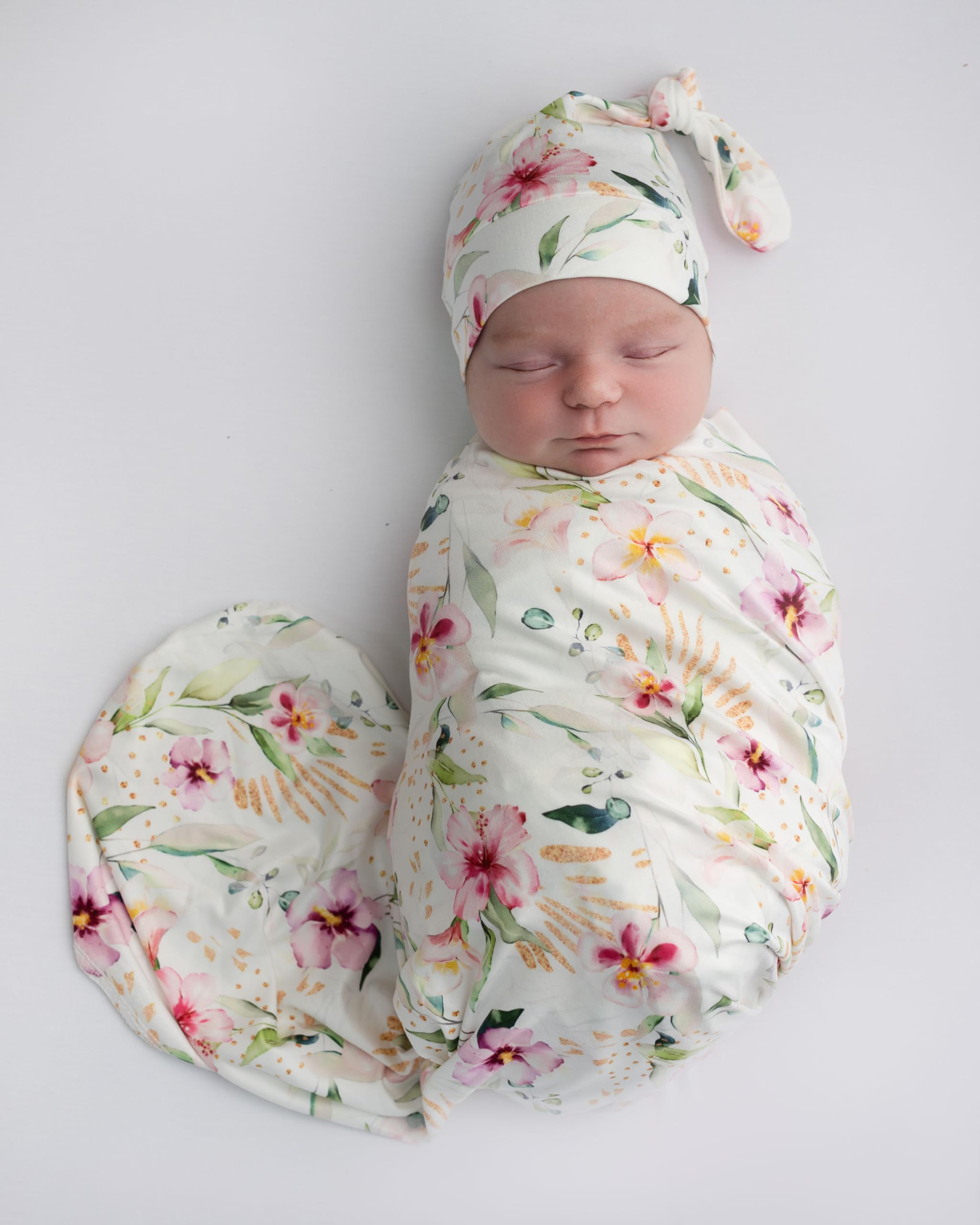 Giggle Angel Baby Receiving Blanket Swaddle Blanket Infant Wrap with Matching Headband Beanie and Name Card (Ink Red Floral)