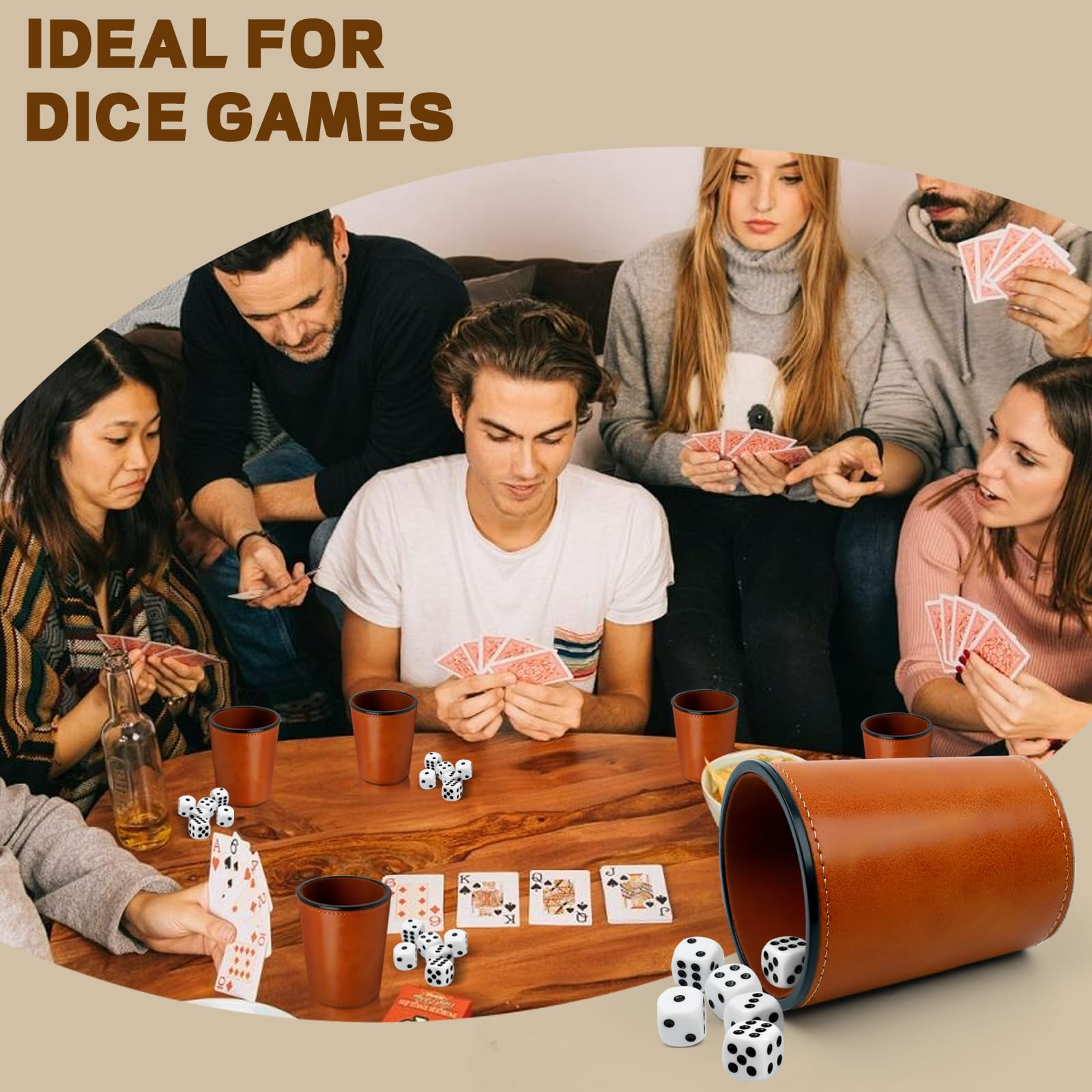 6 Pezzi Set di Tazze per Dadi, Coppetta per Dadi in Pelle Set, Tazze di Dadi in Pelle PU con 30 Dadi ideali, Tazza di Dadi in Pelle Insonorizzata per Viaggi