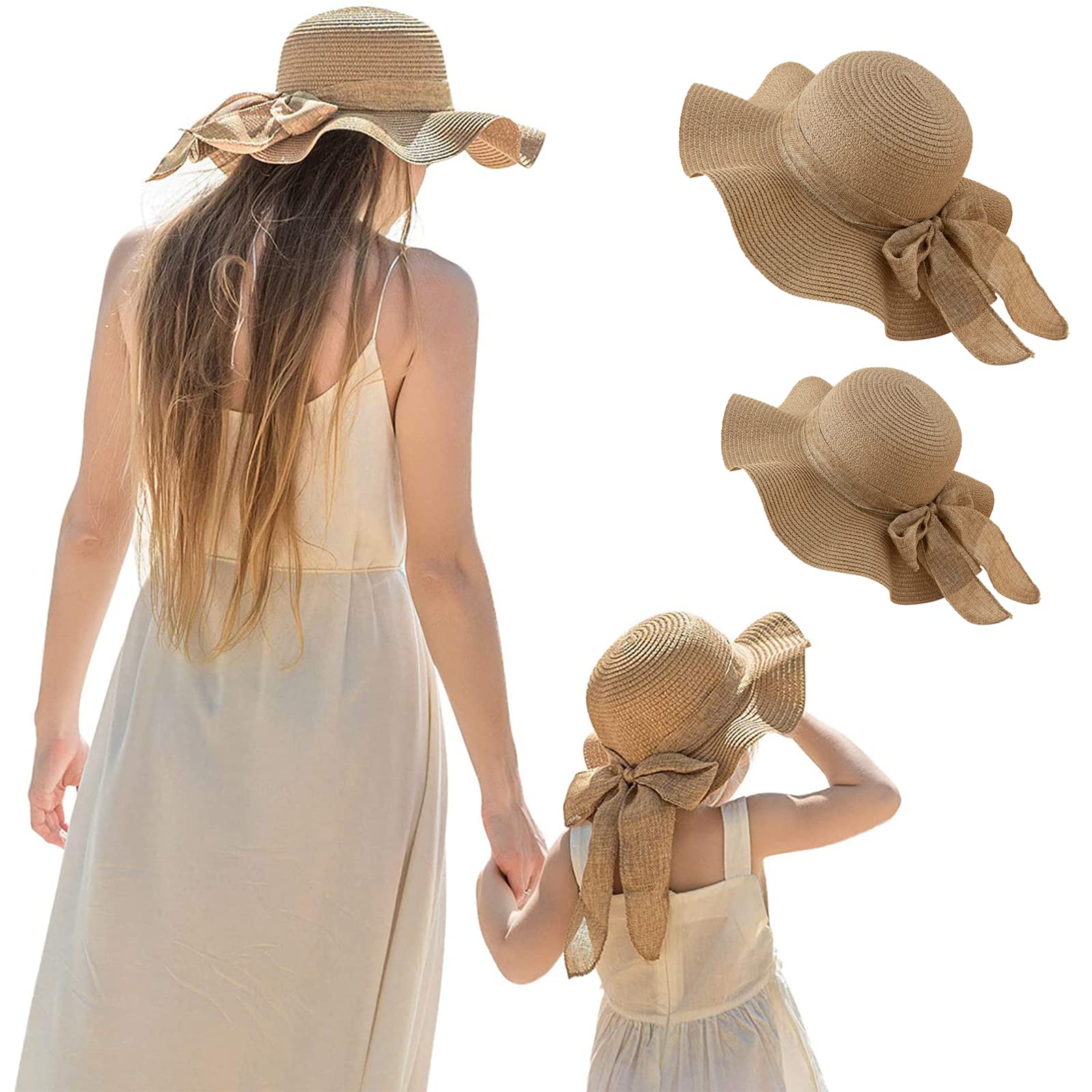 Winmany 2 uds Familia a Juego de Verano Playa Sombrero de ala Ancha para Padres e Hijos, Sombrero de Paja con Lazo para Mujeres y niñas