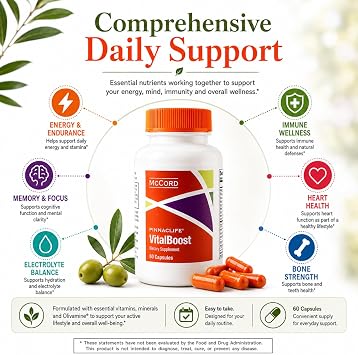 McCord VitalBoost Energy, Memory & Immunity Supplement with Vitamin D3, Magnesium, Zinc, Potassium & Olivamine, Supports Heart, Bone, Cognitive & Immune Health, Gluten-Free, 60 Capsules