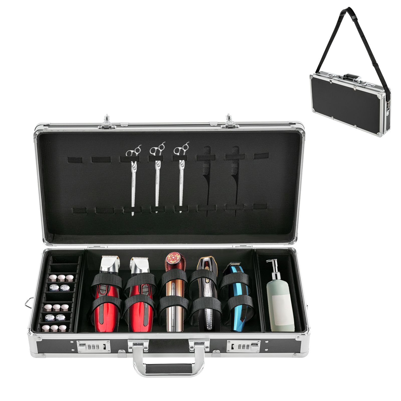 Barbiere case portatile, con due lucchetti a combinazione, organizer per attrezzi da viaggio, stile Barber Stylist, borsa per il trasporto (argento)