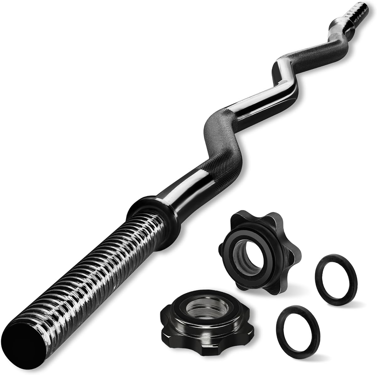 Yes4All Standard Straight Barbell 60" & EZ Curl Bar 47", Capacity 200 to 480 LB, Weight Bar 1" to 2" Diameter - Star Lock Collars, Rubber Ring, Barbell Spins Included for Deadlifts & Squats