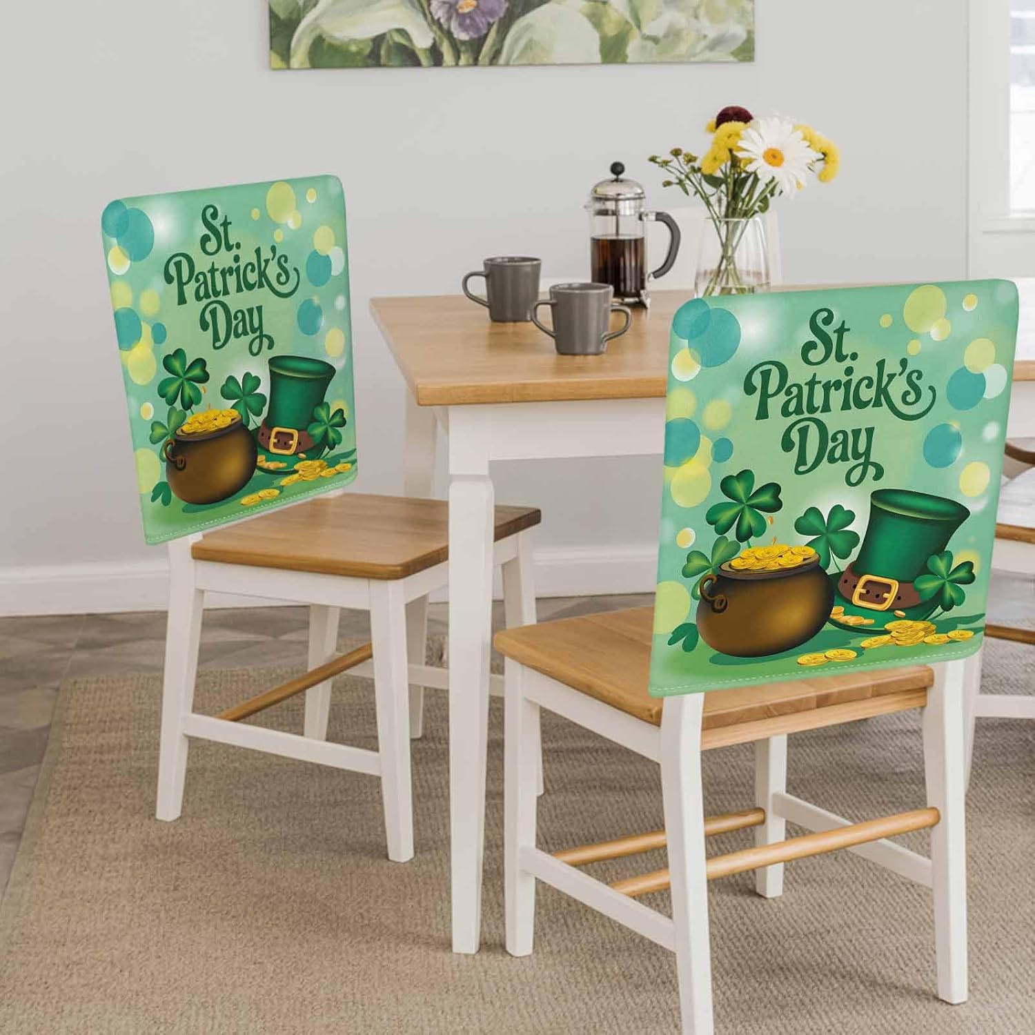 Savannan Dining Chair Back Covers, St. Patrick's Day Irish Leprechaun Hat Gold Coin Pot Shamrock Green Chair Covers Chair Slipcovers Protective Covers for Holiday Party Festival Decoration, Set of 4