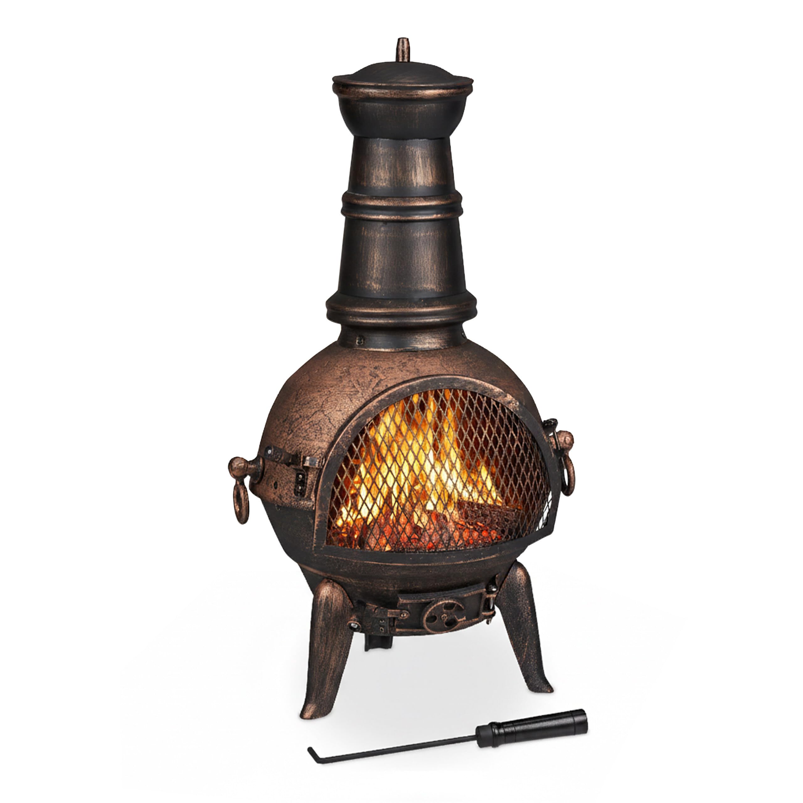 Relaxdays Chimenea Exterior, Estufa Terraza, con Atizador, Hierro Fundido, Protección Antichispas, 86x46x38 cm, Bronce