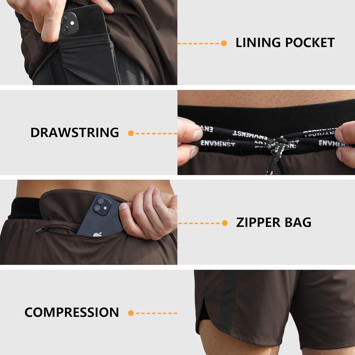 ENVMENST Men's 2 in 1 Workout Running Shorts with Liner, Athletic Gym Shorts with Pockets Brown