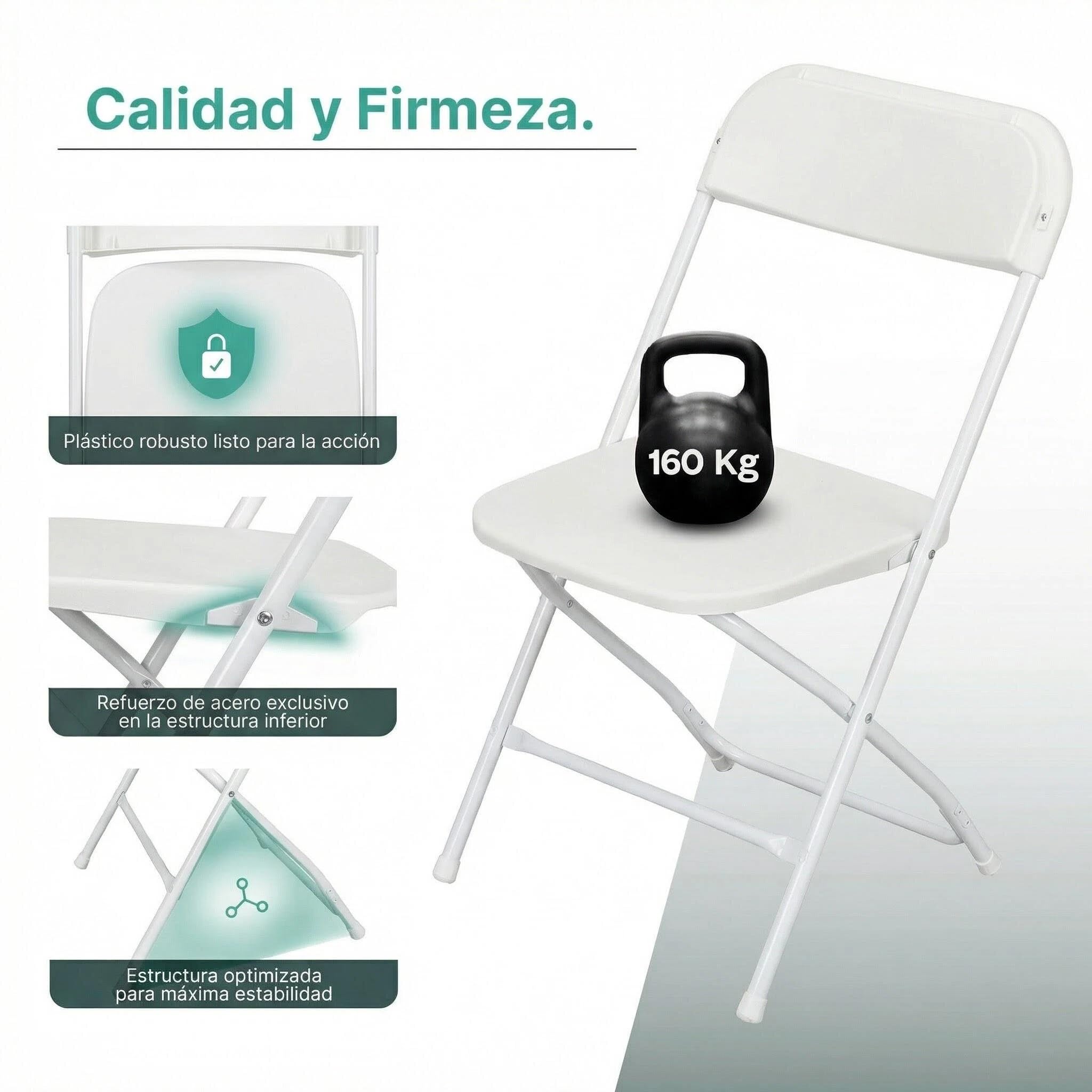 Premium Moments Silla Plegable para Interior y Exterior – Plástico Reforzado y Patas de Hierro con Refuerzo de Acero – Soporta hasta 160 kg – Ligera 2,5 kg – Fácil de Guardar y Limpiar (2, Blanca) - 4