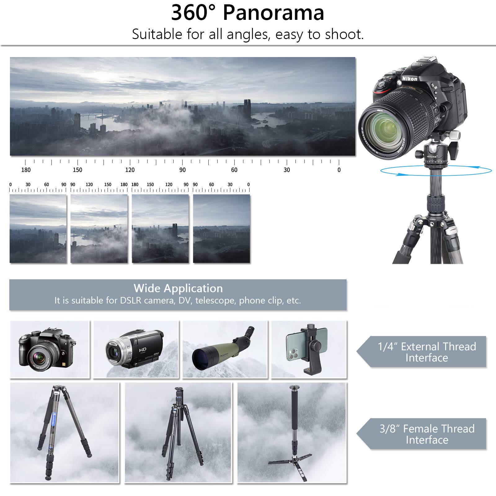 Niskoprofilowa głowica kulowa 36 mm stabilność panoramiczna głowica statywu obracająca się o 360 stopni, profesjonalna, całkowicie metalowa głowica kulowa z płytką QR 1/10.2 cm do aparatów DSLR