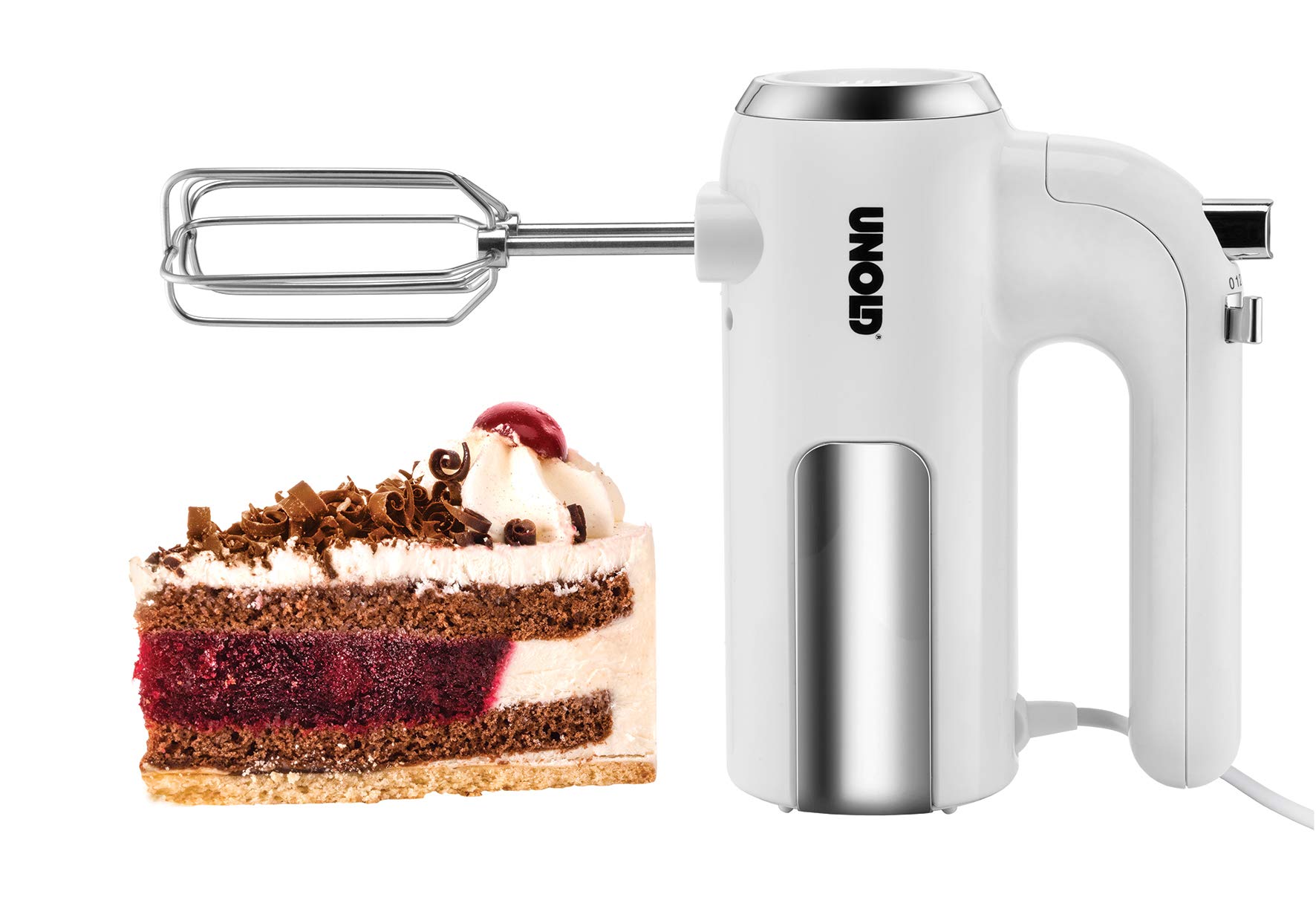 Unold 78710 Handmixer - Mixer, Weiß, 450W, Edelstahl, BPA-frei, spülmaschinengeeignet, 5 Geschwindigkeitsstufen, Aufschlagen, Rühren, Kneten, Auswurftaste, Sahne schlagen, Kuchen- und Brotteig rühren