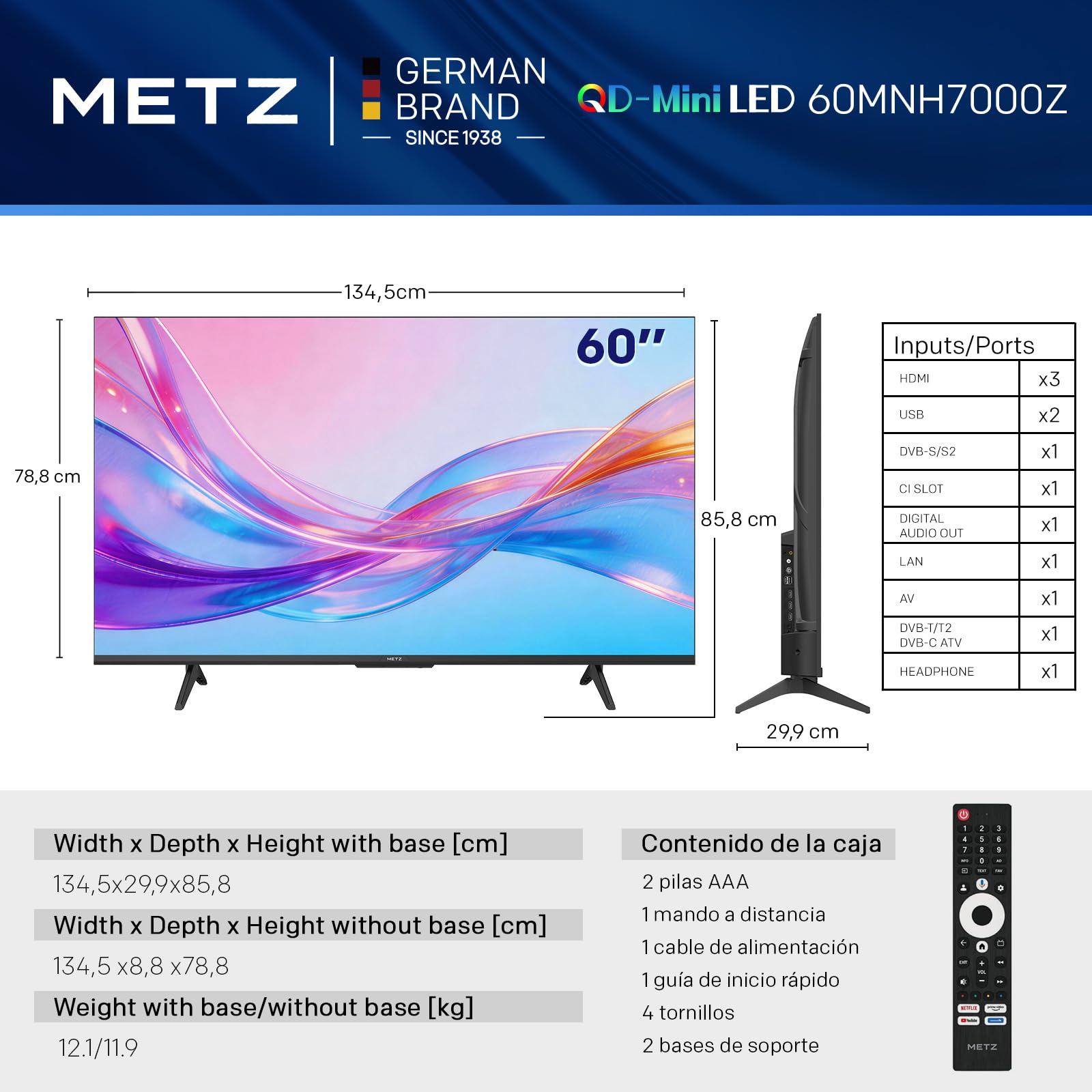 Metz 60” 4K Mini LED Smart TV (152 cm), QLED con MiniLED, HDR10+, Dolby Vision & Atmos, MEMC, Local Dimming, Chromecast Integrado, WiFi, Bluetooth, HDMI 2.1, Modo Juego, 60MNH7000Z (Modelo 2026)