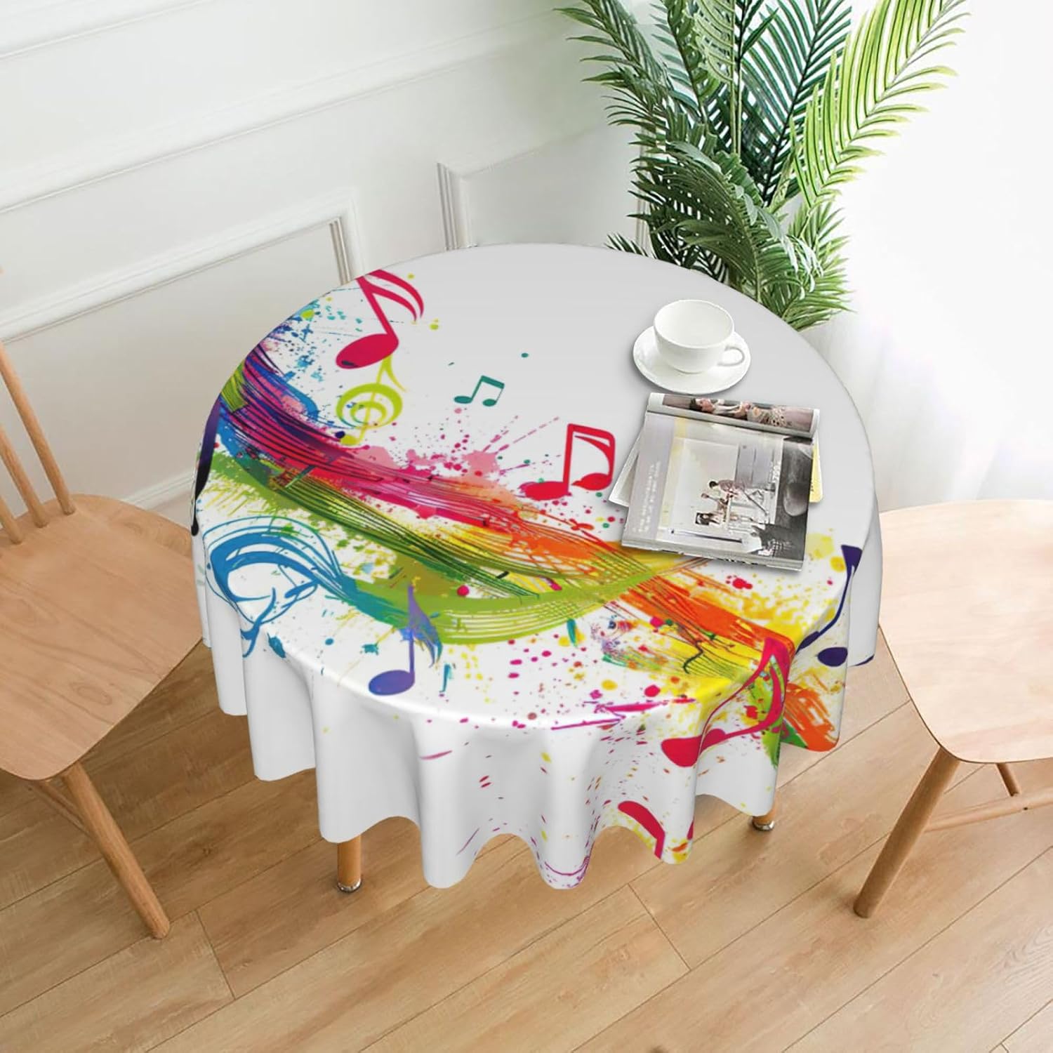 Colorful Music Notes Print Wrinkle Free Dining Table Cover for Birthday Party Farmhouse Tablecloths Up to 60 x 60 Inches