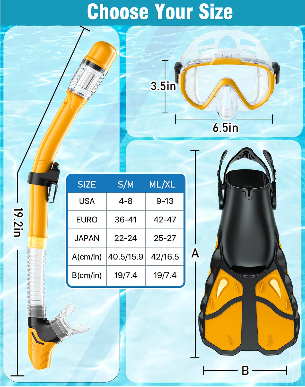 Schnorchelset mit Flossen für Erwachsene, Schnorchelausrüstung für Erwachsene Männer und Frauen, Schnorchel, Maske Set Erwachsene Dry Top Schnorchelmaske Combo Set mit Reisetasche zum