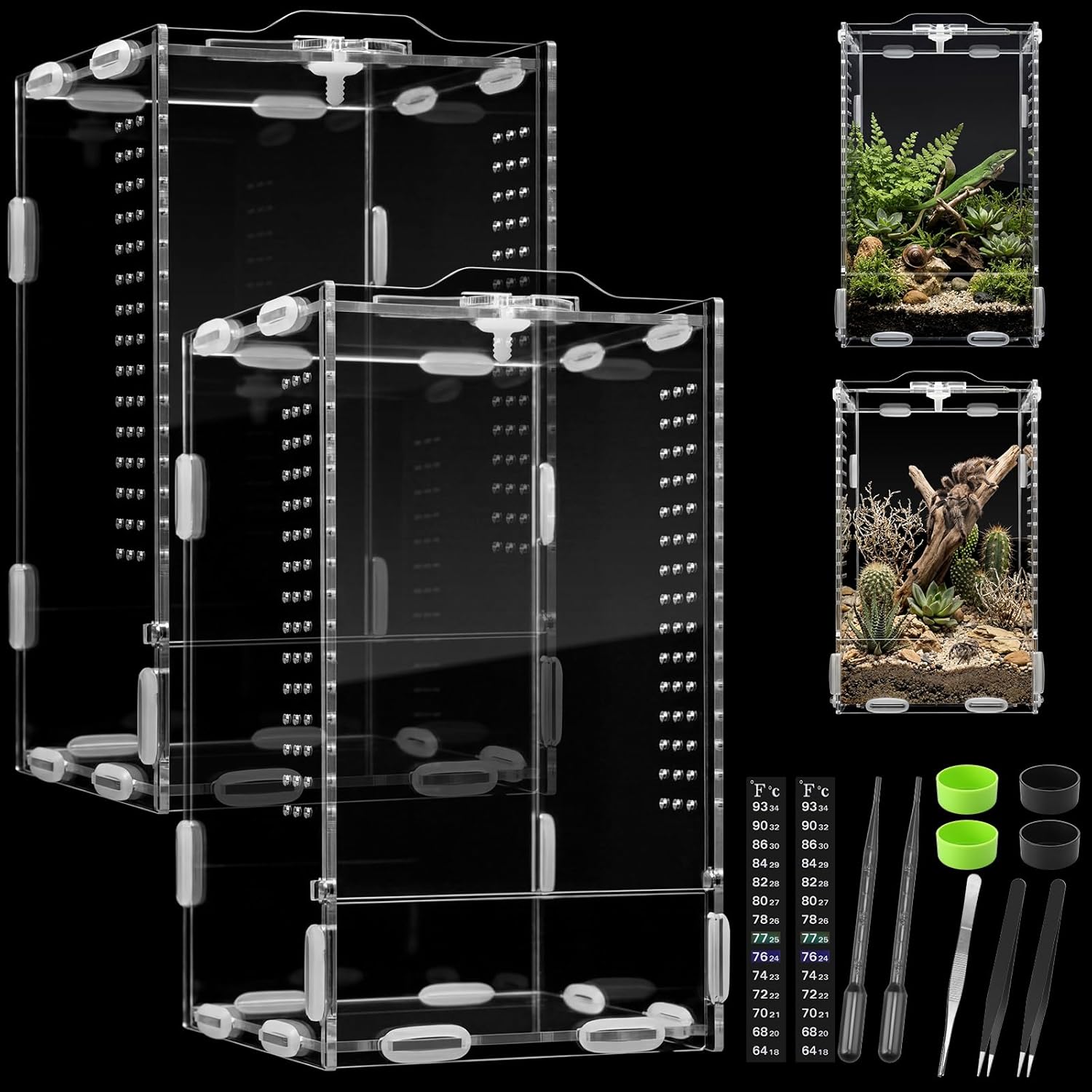 2 Pack Jumping Spider Enclosure Kit Acrylic Reptile Terrariums with Locking Latch, All Side Ventilation, Praying Mantis Habitat, Frog Bug Enclosure, 4.3x4.7x7.87 Inch with Feeding Monitoring Tool