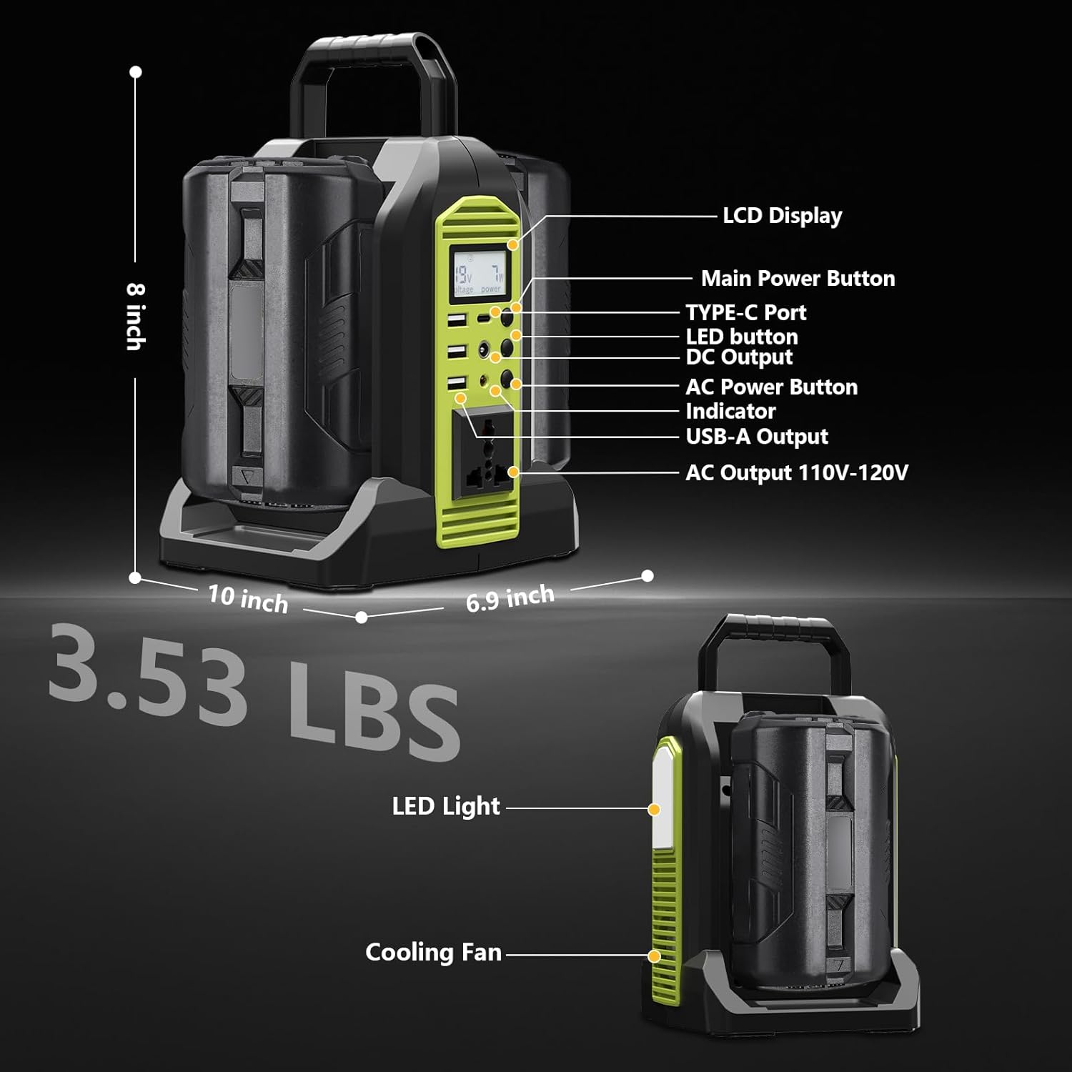 350W Power Inverter 2 Port Pure Sine Wave Inverter Compatible with Ryobi 40V Li-ion Battery, DC 40V to AC 120V with AC Outlet, USB Port, Type-C Port, 300LM LED Light for Camping Emergency
