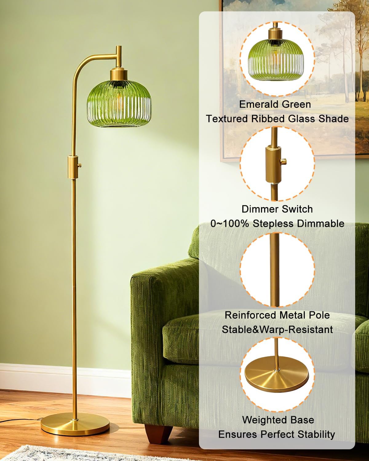 Lightdot 64IN Glass Floor Lamp for Living Room, Dimmable Modern Standing Lamps with Emerald Green Ribbed Glass Lampshade&(Bulb Included), Industrial Floor Lamp for Bedroom Office/