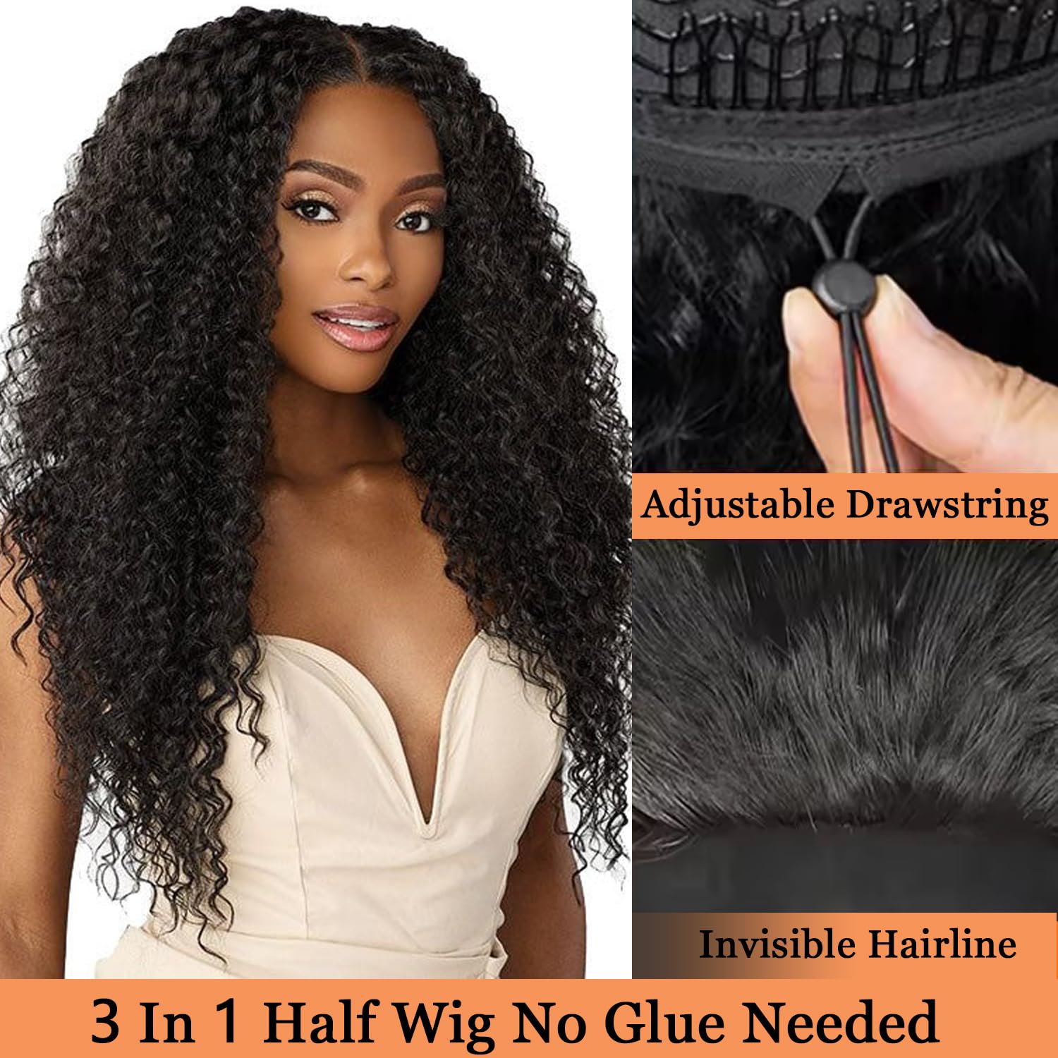 MISSJAY Kinky Curly Half Wig Human Hair, Wear and Go Glueless Flip Over Wig, 200% Density Seamless 3-in-1 Half Wig with Drawstring, Beginner Friendly Headband Wig for Black Women 20 Inch