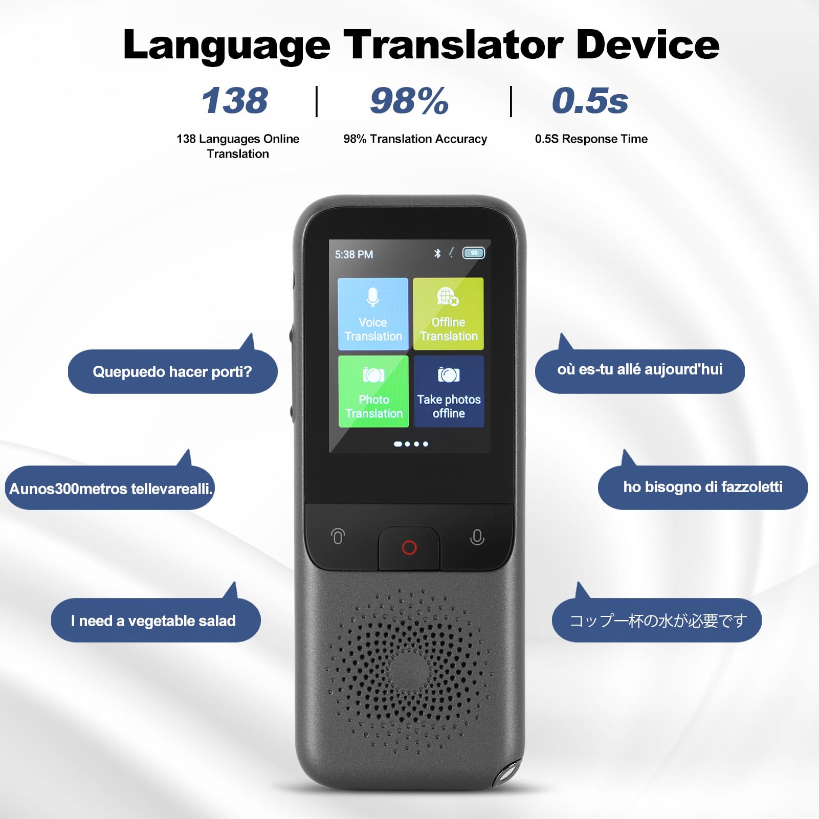 Dispositivo Traduttore Linguistico - Supporta 138 Lingue Online, Traduzione Vocale E Foto Offline, Schermo 2.4"