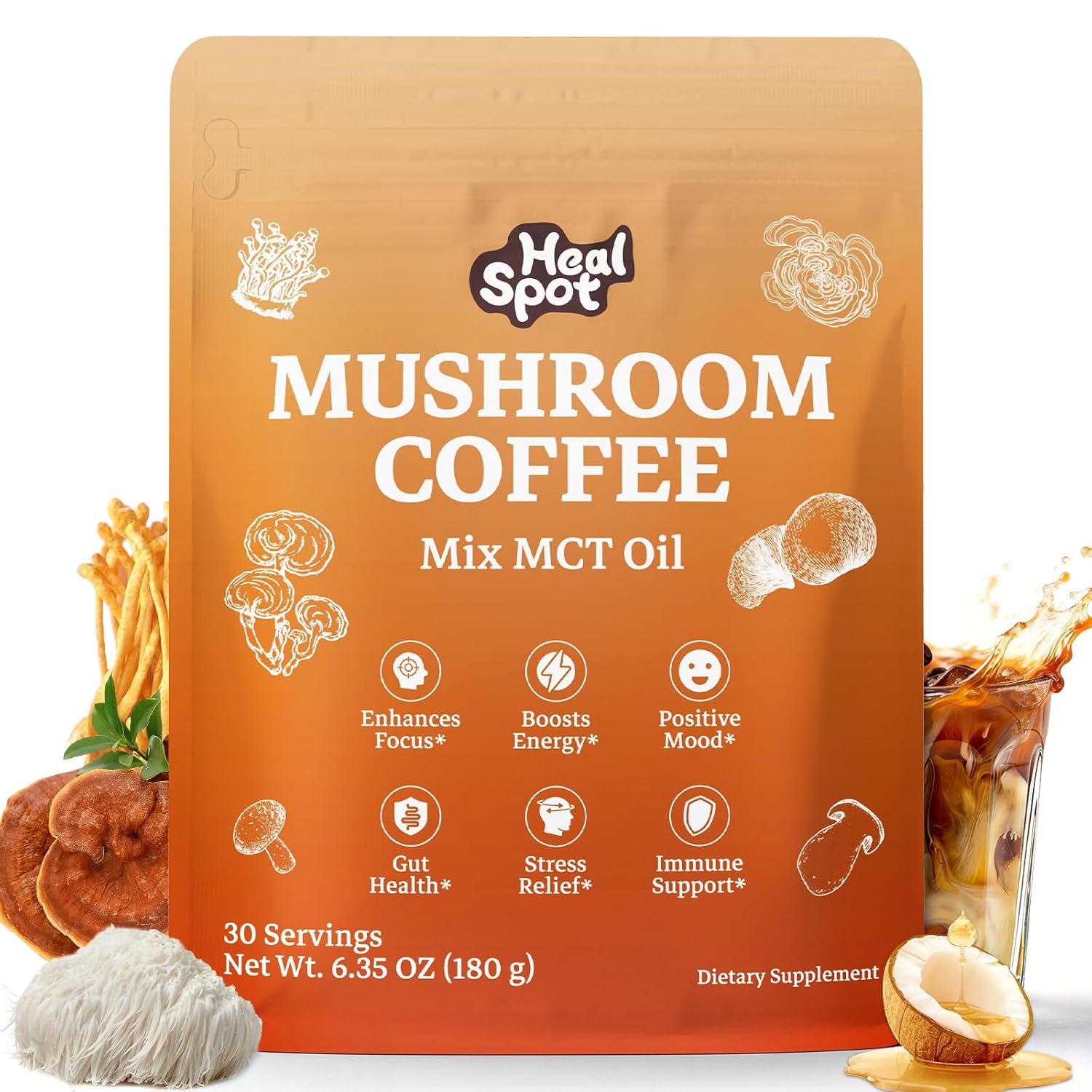 HealSpot Mushroom coffee with 3 Adaptogenic Mushrooms and MCT Oil, USA Grown Instant Coffee for Better Energy, Focus, Digestion, Immunity, 60 servings
