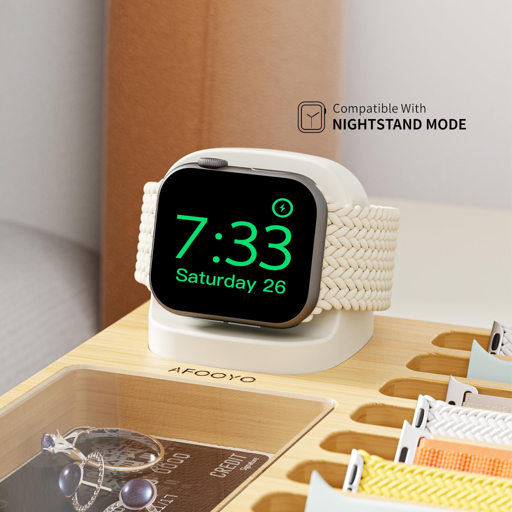 AFOOYO Wooden Watch Band Organizer - Charger Stand Compatible with All Apple Watch Series and Watch Bands Display Watch Storage Case Tray with Acrylic Top Lid(Bamboo)
