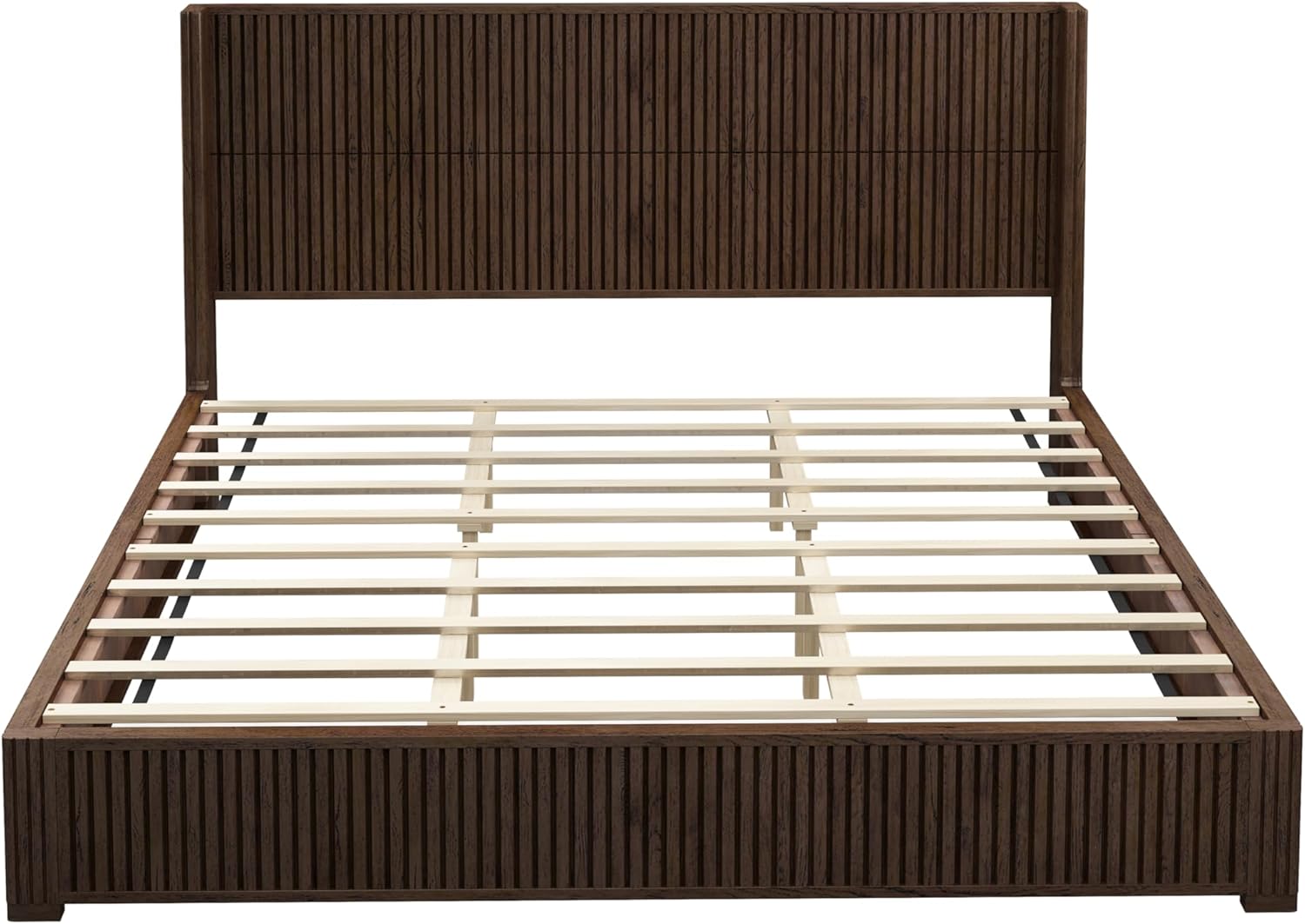 King Size Solid Wood Platform Bed Frame with wingback Headboard, Wood Platform Bed Frame Low Profile with 80.04" Headboard, Solid Wood Leg/No Box Spring Needed/Noise Free/Brown