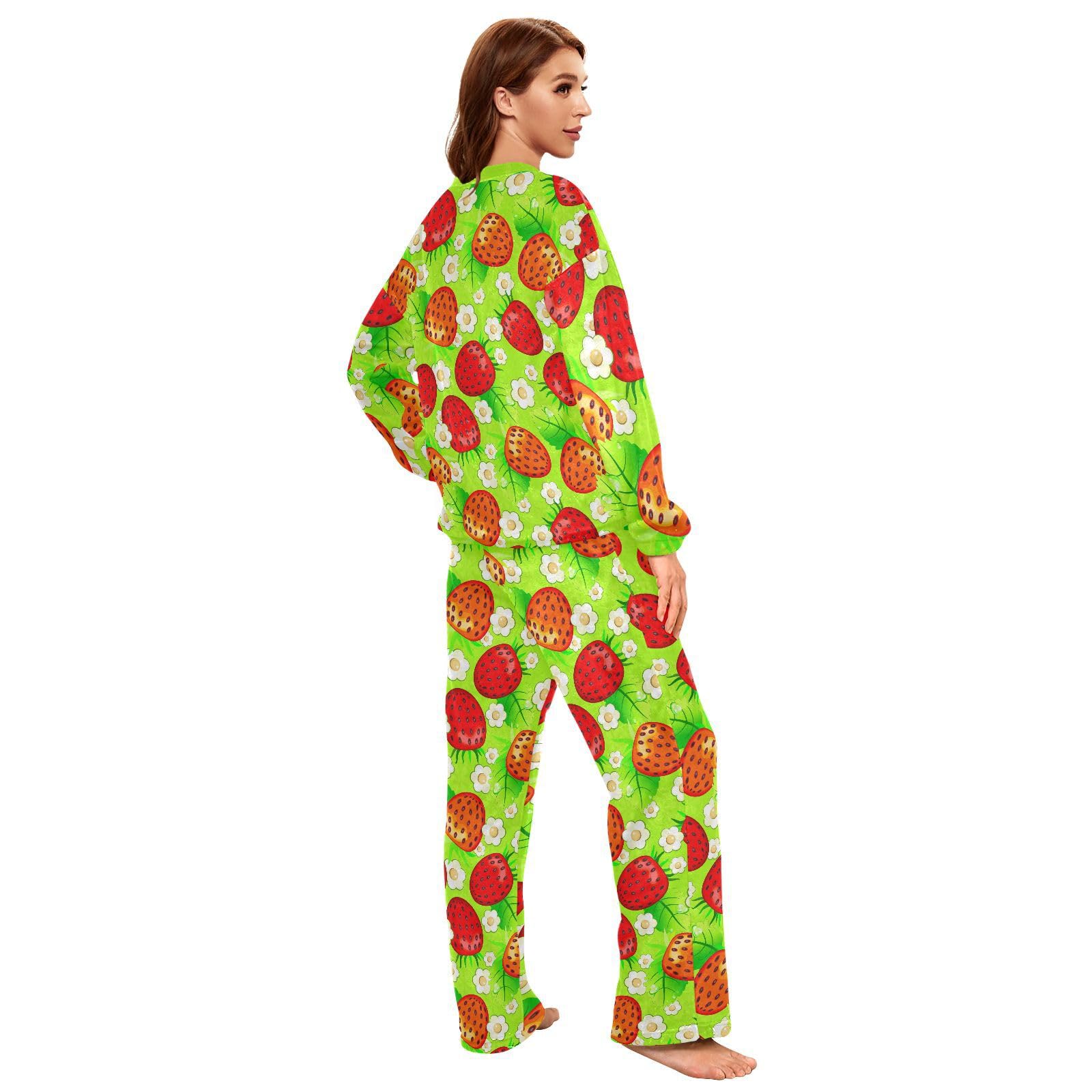 Damen-Schlafanzug-Set, Erdbeer-Muster, Pyjama-Pyjama, Winter, warme Nachtwäsche, Loungewear-Set für Frauen und Mädchen