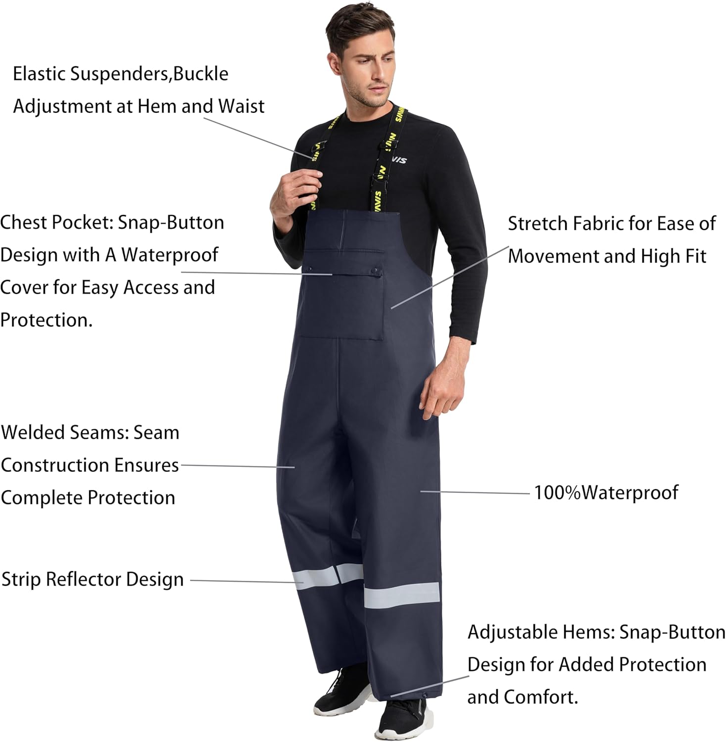 Men's Hi Vis PRO Workwear Waterproof 3-Piece Heavy Duty PU Reflective Rain Jacket, Hoodie & Bib Pants for Work and Safety