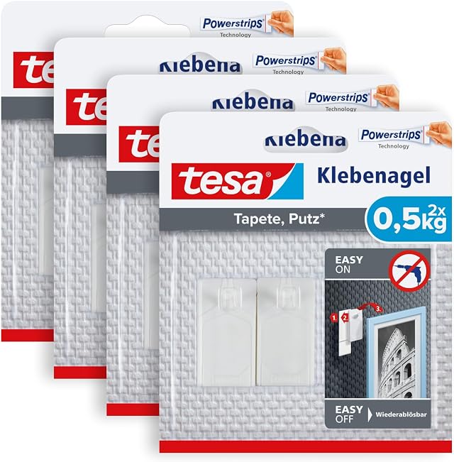 tesa Klebenagel für Tapeten und Putz 0,5kg im 4er Pack - Selbstklebende Nägel für empfindliche Oberflächen - rückstandslos - Bis zu 0,5 kg Halteleistung pro Nagel - 4x 2 Klebenägel